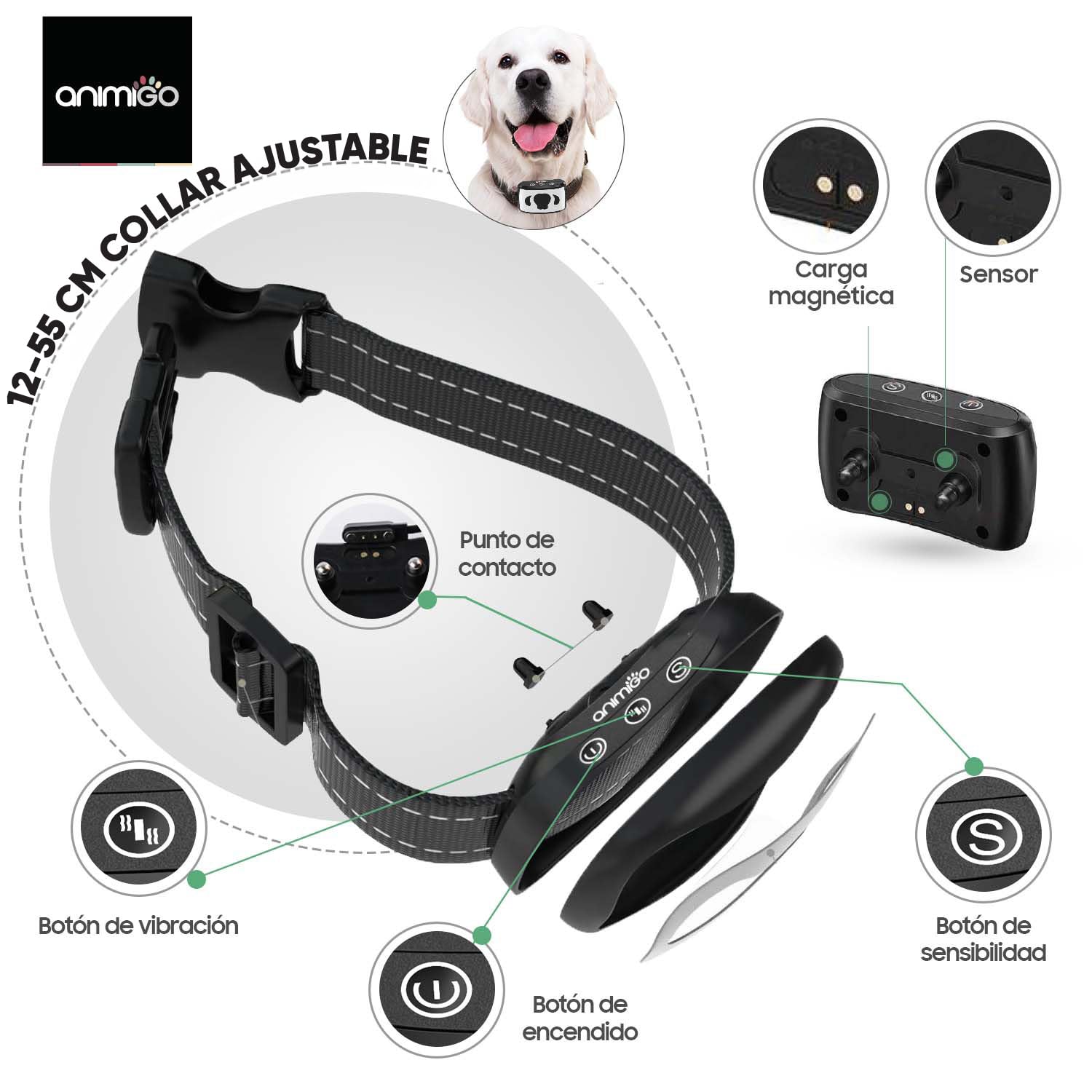 Collar Antiladridos para Perros Automático Sin Descarga con Correa Ajustable 12-55cm - con 7 Niveles de Vibración y Sonido para Adiestramiento, Recargable con USB, Pantalla LED y Resistente al Agua