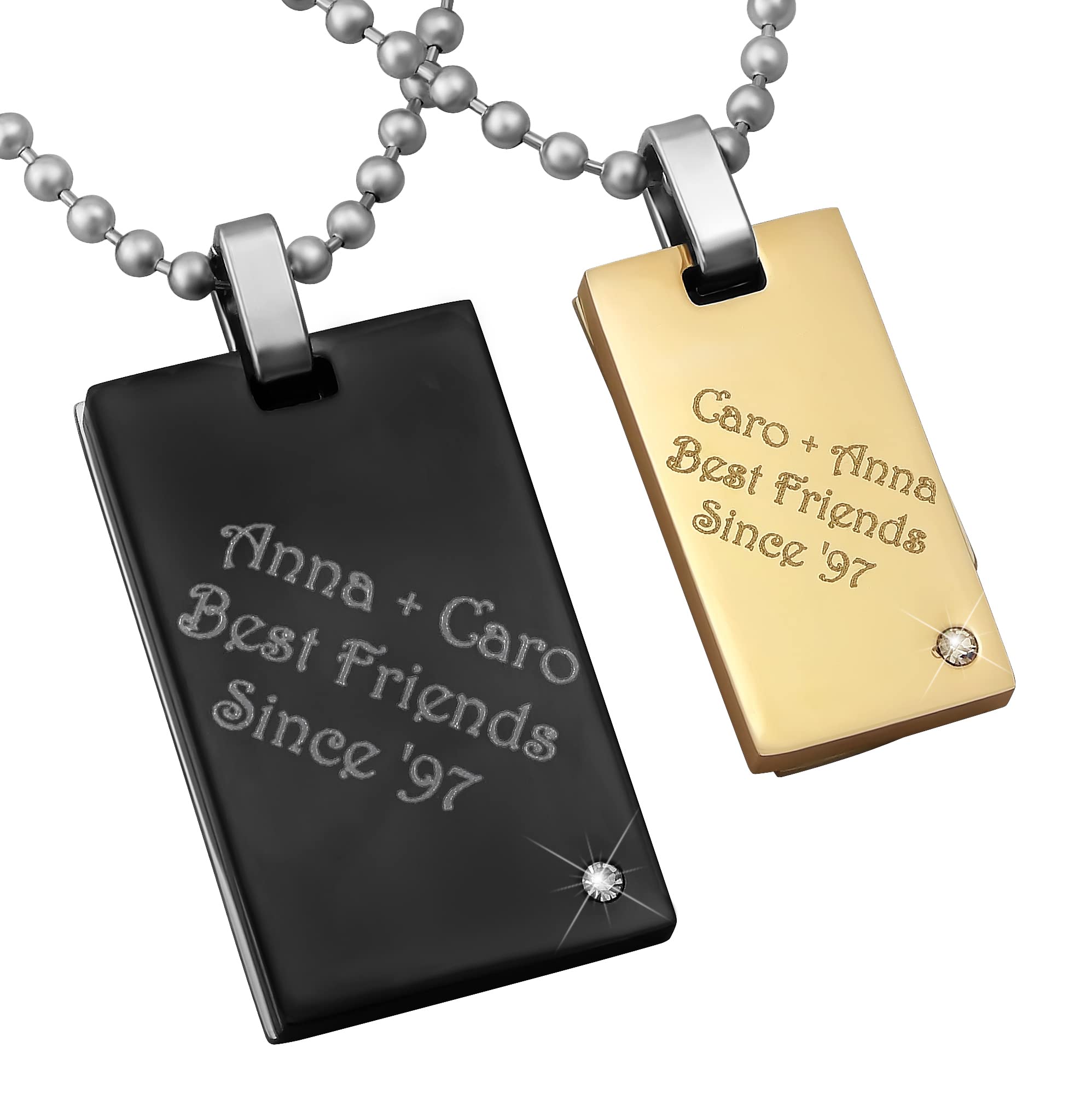 2 Stück Personalisierte Kette mit Gravur Edelstahl 50 und 60 cm mit Anhänger Dog Tag mit Stein in silber schwarz gold - Personalisierte Geschenke für Damen Herren Freundin Freund