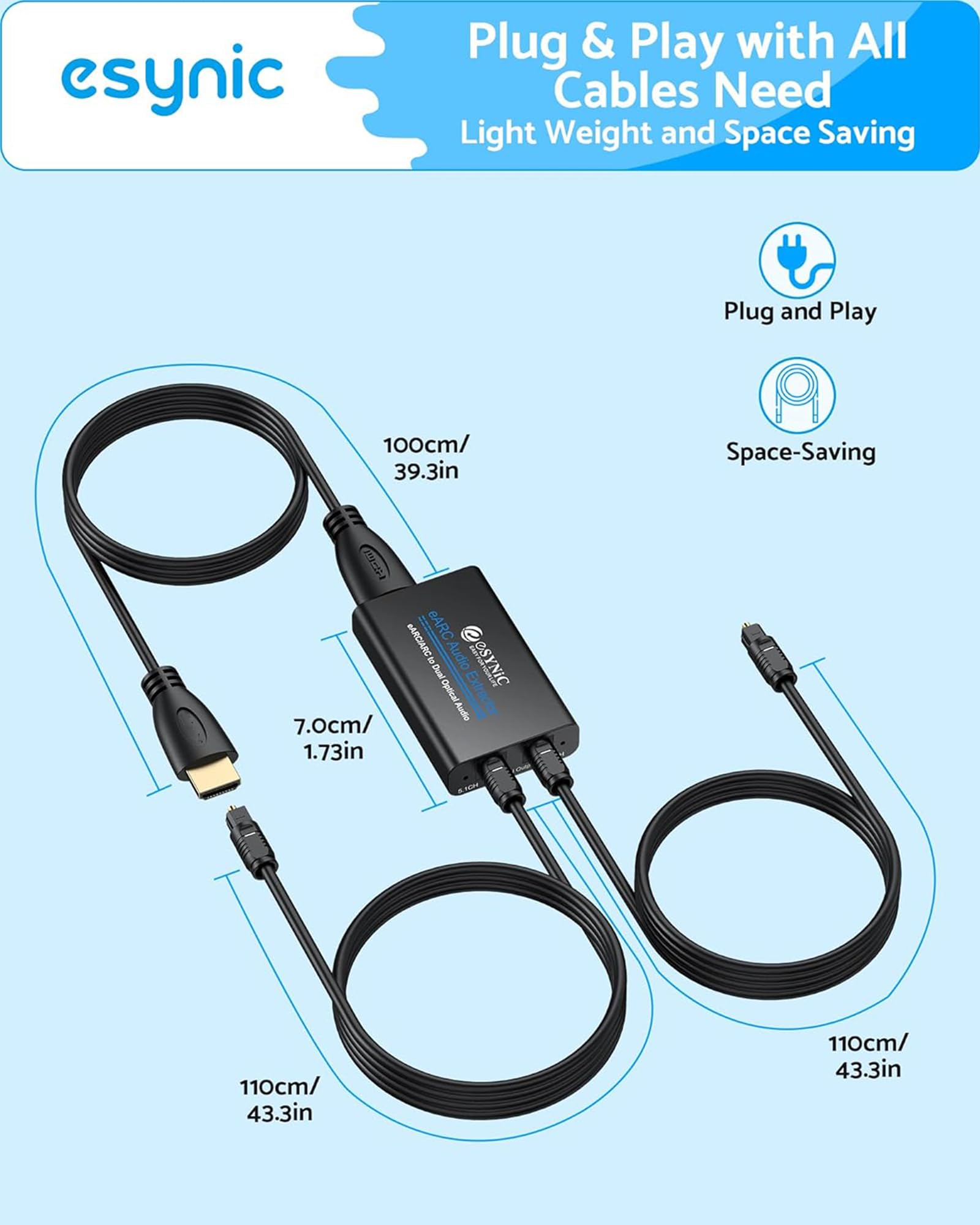 eSynic Estrattore audio da HDMI a ottico con cavo HDMI e SPDIF, supporta formati audio 5.1 e 2.0 per HDTV a soundbar, cuffie wireless