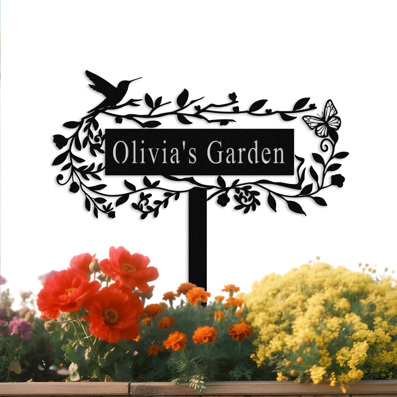Met5kdm Style-2 Personalised Hummingbird Metal Garden Decor,Custom Butterfly With Flower Garden Name Sign With Stake,Patio Yard Lawn Metal Art,Housewarming Gift Style 2