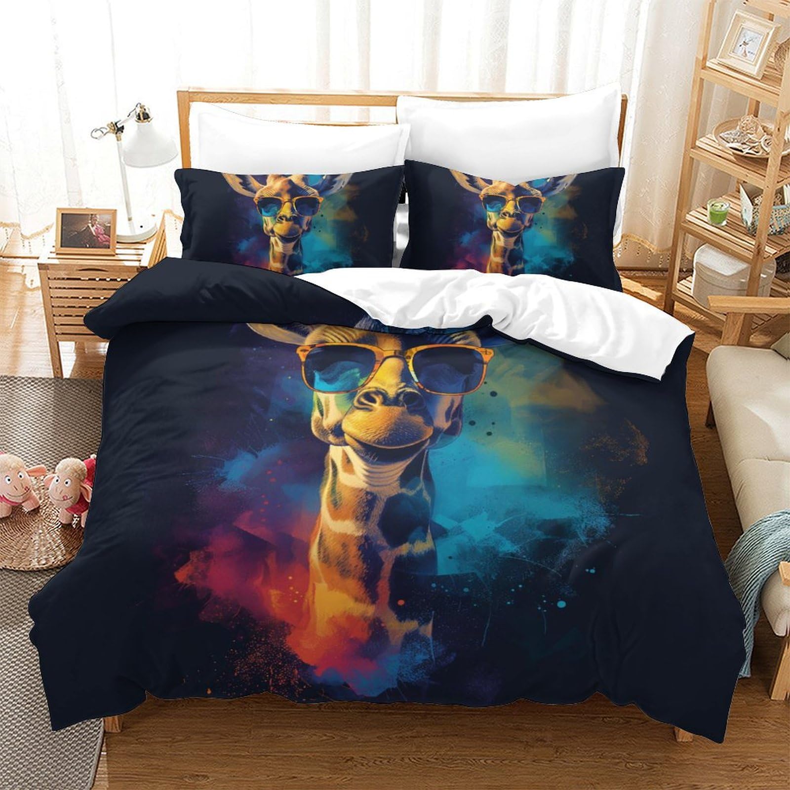 Housse de couette girafe 3D parure lit sans repassage microfibre 200x200