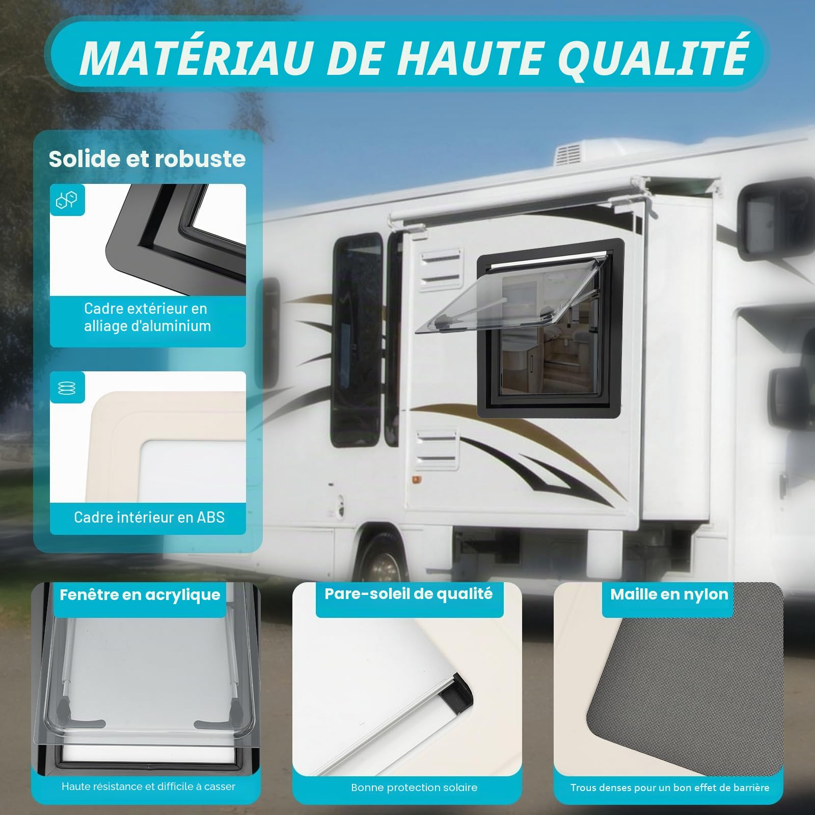 Fenêtre latérale pour caravane, 45x50 cm, fenêtre escamotable à ouverture pousser-tirer avec protection contre les insectes, protection visuelle, store occultant, pour caravanes, camping-cars et