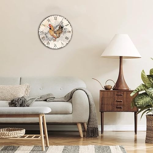 Miniatura 3 de Vrurinss Reloj de pared de madera de gallo de animales de granja, reloj rústico, esfera de números romanos, reloj de pollo retro rural, funciona