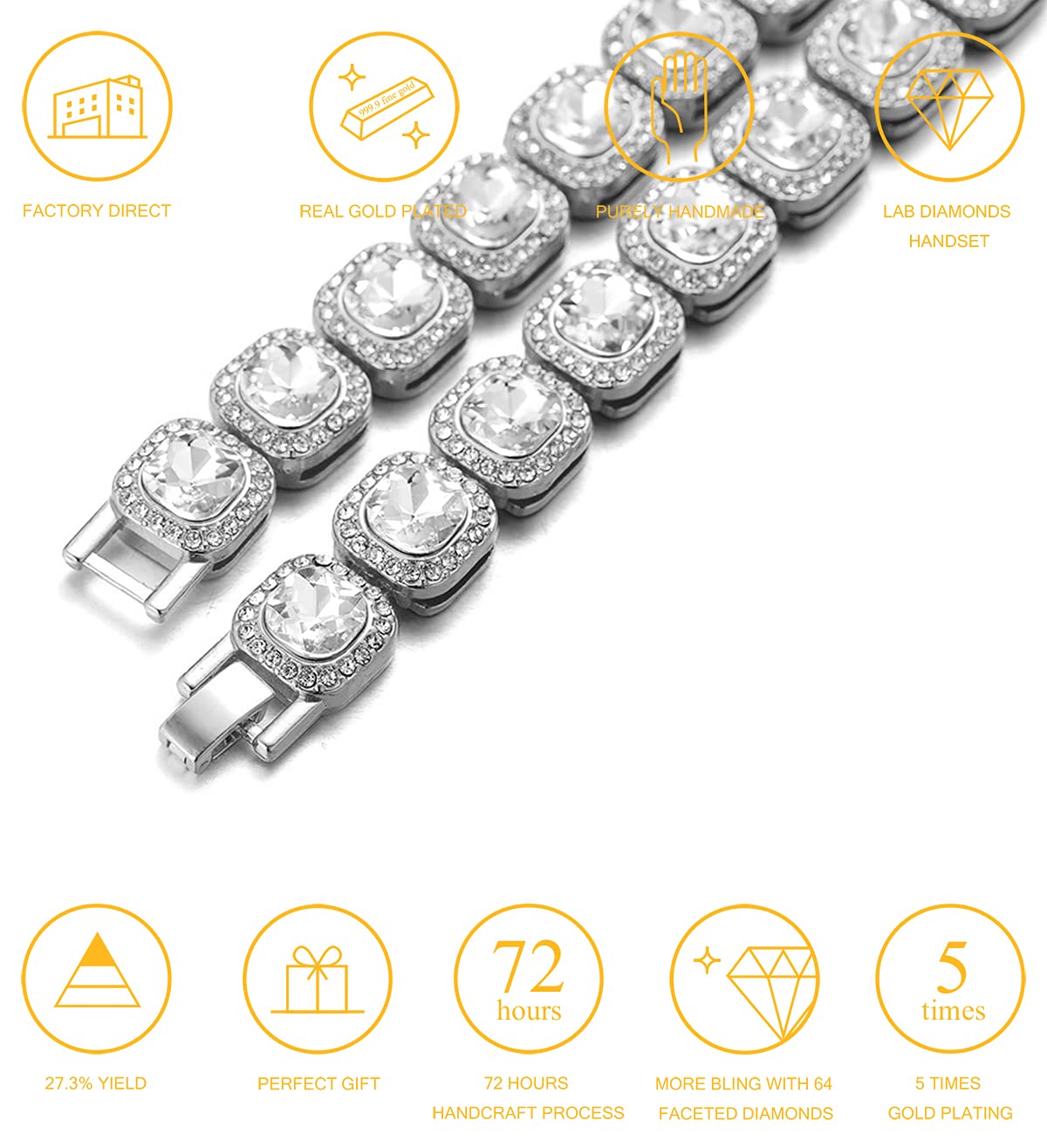 HALUKAKAH Diamante Catena Tennis Raggruppati per Uomo,Oro Reale 18k /Oro Rosa/Placcato in Platino Diamante Quadrato Oro Braccialetto/Collana,Diamanti da Laboratorio,con Confezione Regalo Gratuita