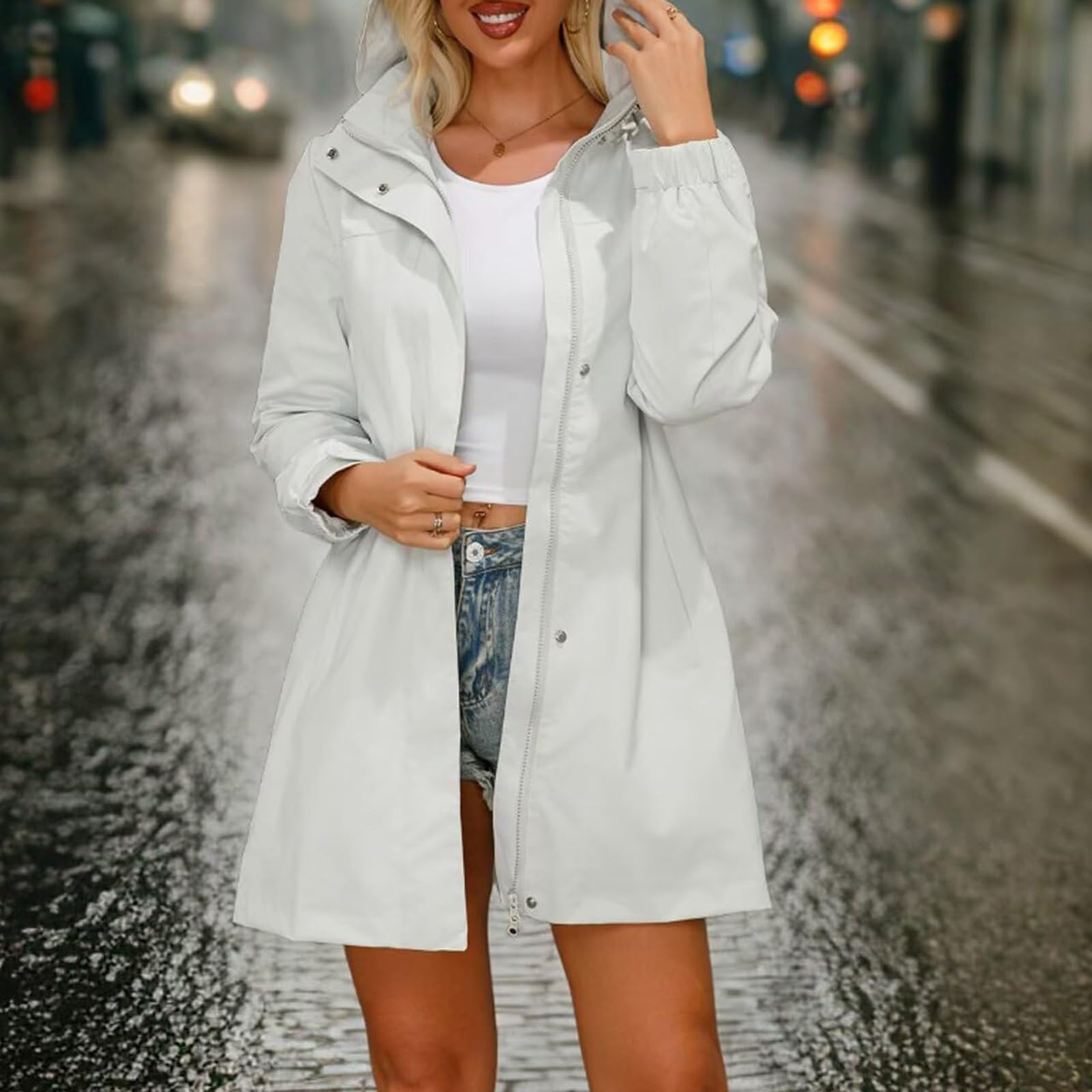 Generisch Poncho de lluvia para mujer, largo, impermeable, con capucha, transpirable, cortavientos, chaqueta de manga larga con cremallera, chaqueta ligera para el tiempo libre