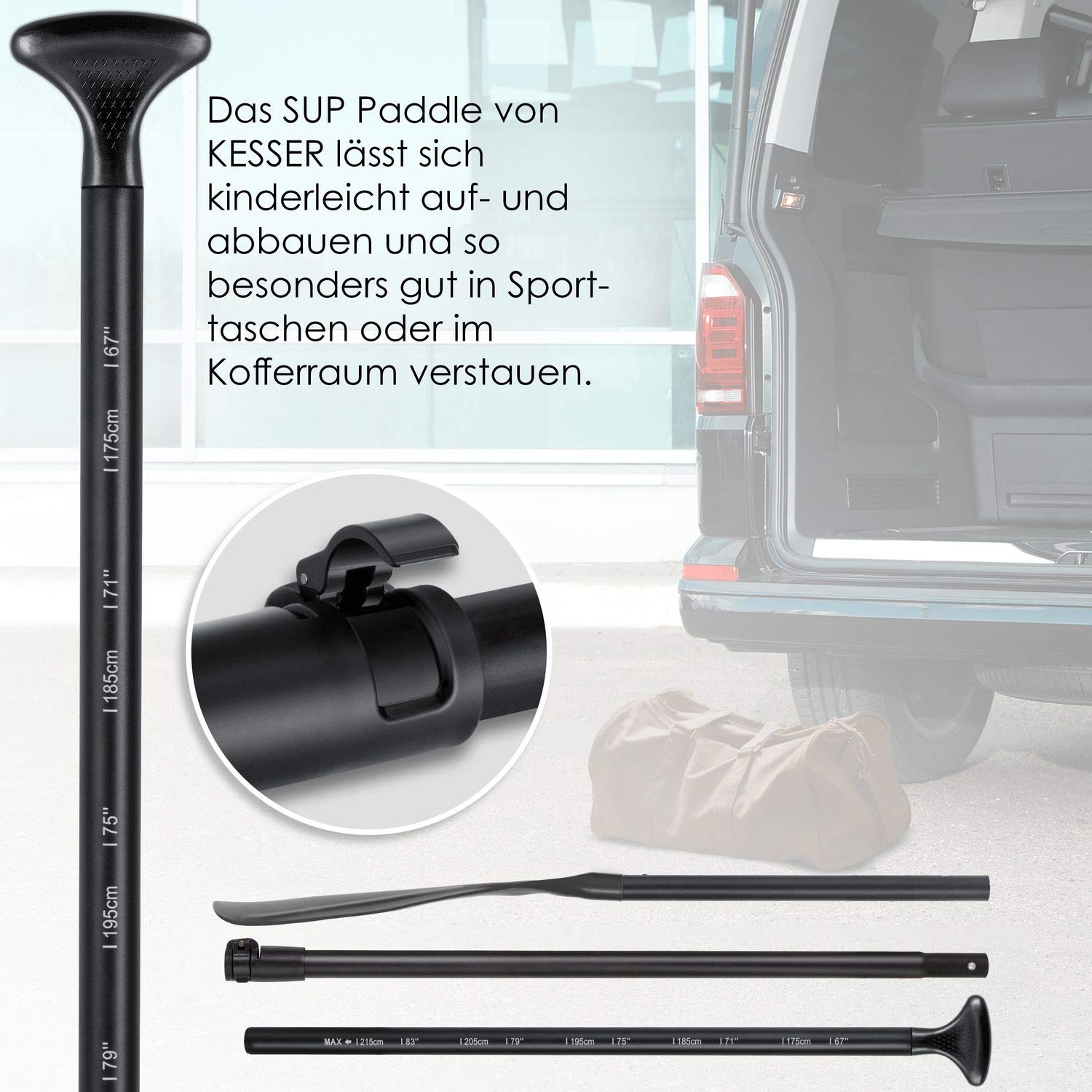KESSER® Paddle - 3-teilig für Kayak SUP Stand-Up Paddling Board Stechpaddel, Verstellbar Teleskop 165cm-215cm Aluminum für Stand Up Paddel Kajakfahren Surfboard Boot Anti-Rutsch Stecksystem
