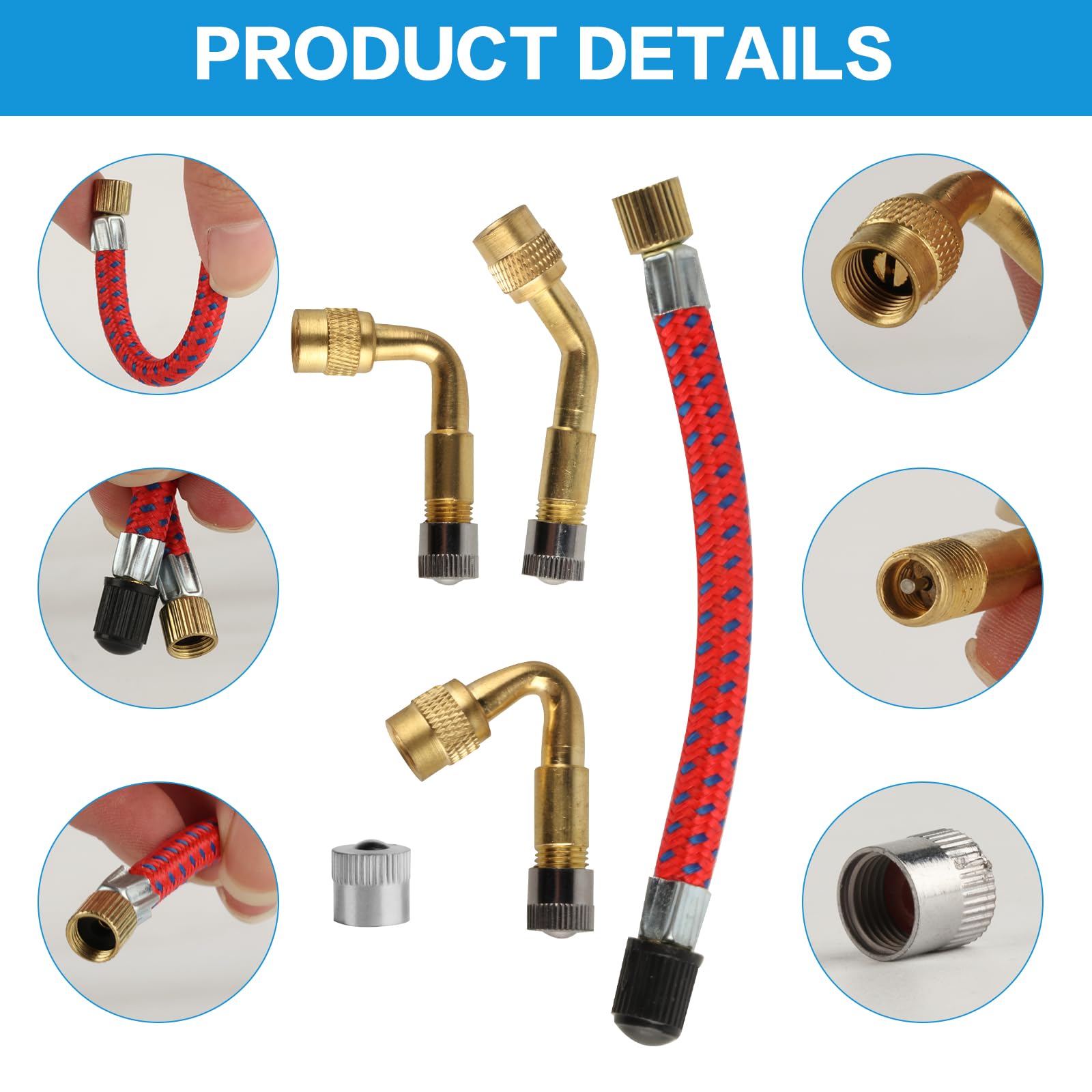 Set di 14 valvole per auto, 6 x 45° 90° 135° per valvola auto, adattatore per valvola angolare, 2 x 10 cm, 6 tappi in metallo, per auto, moto, bicicletta, scooter