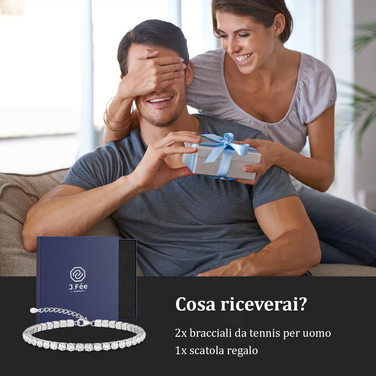 J.Fée 4MM Bracciale Tennis Uomo Argento 925 Braccialetti, 2 Pezzi Tennis Uomo Bracciale con Zirconi Cubici, Bracciali Ipoallergenico Sovrapponibili Braccialetto Regalo Per Uomini