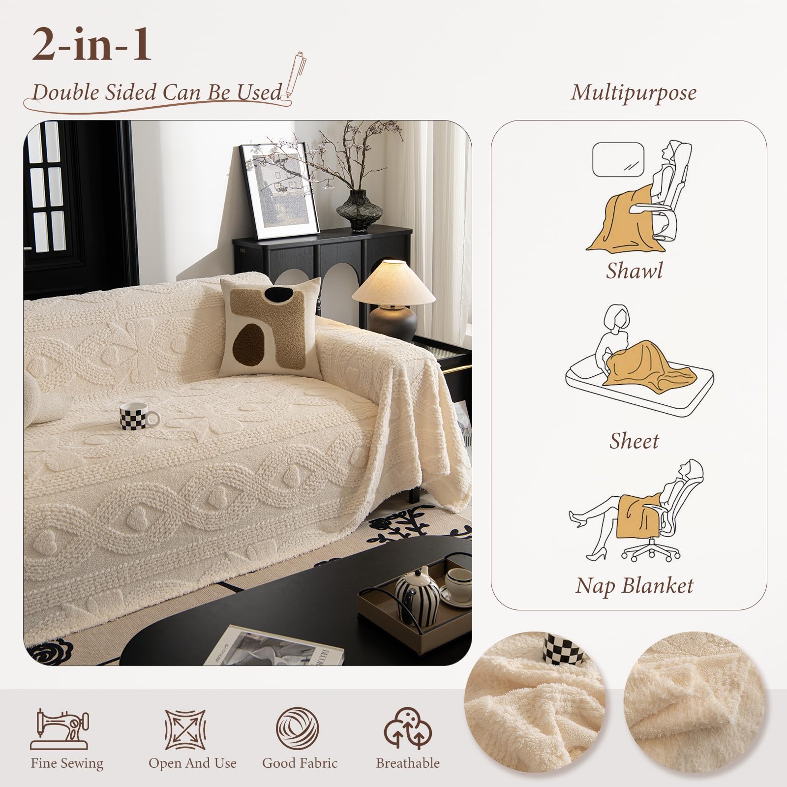 Felpa Manta Sofa, Otoño e Invierno Colcha Multiusos para Sofá, Mantas para Cama,Cálida Gruesa Alfombra de Sofá Súper Suave Cómodo Jarapas para Sofas 180 * 150cm-Beige