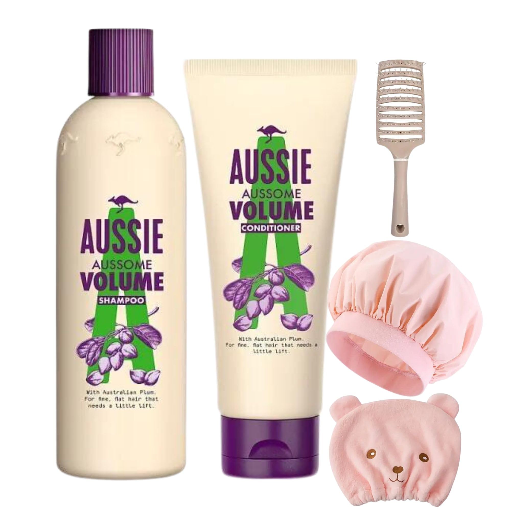 Hair Care Shampoo & Conditioner Set - Includes 1 x detangling Brush 1 x Shower Cap 1 x Hair Drying Cap 1 Bunled with 300ml Aussie Aussome Volume Shampoo & 200ml Aussie Aussome Volume Conditioner.