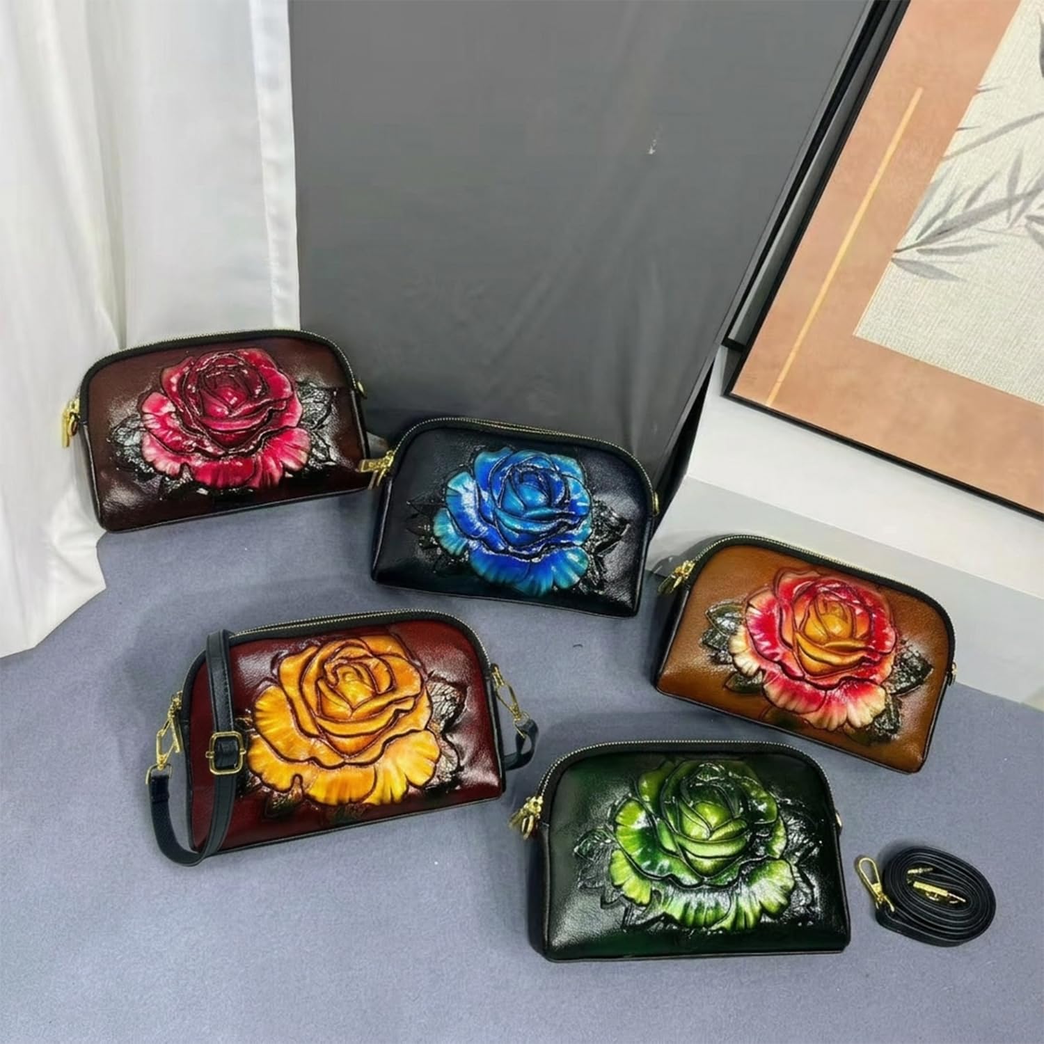 Damen Mini Tasche Damentasche Kleine Handtasche Umhängetasche Clutches aus PU-Leder Frauen Schultertasche Exotisch Ethnische Blumen für Mutter