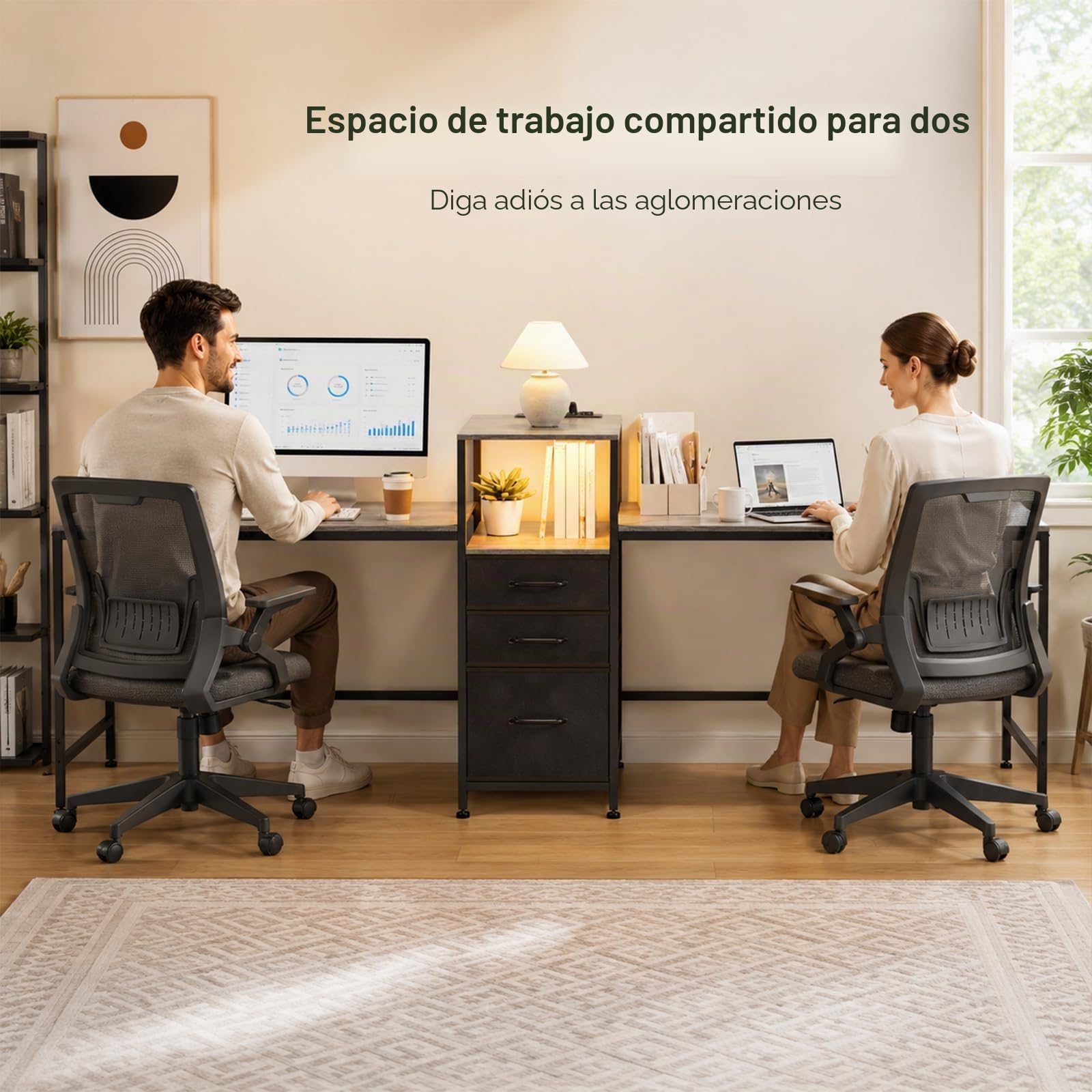 Yorbay Escritorio de oficina doble con enchufes: mesa de ordenador en forma de L con cajones de tela, estantería para impresora, mesa LED para juegos, escritorio de esquina para oficina, estudio, sala