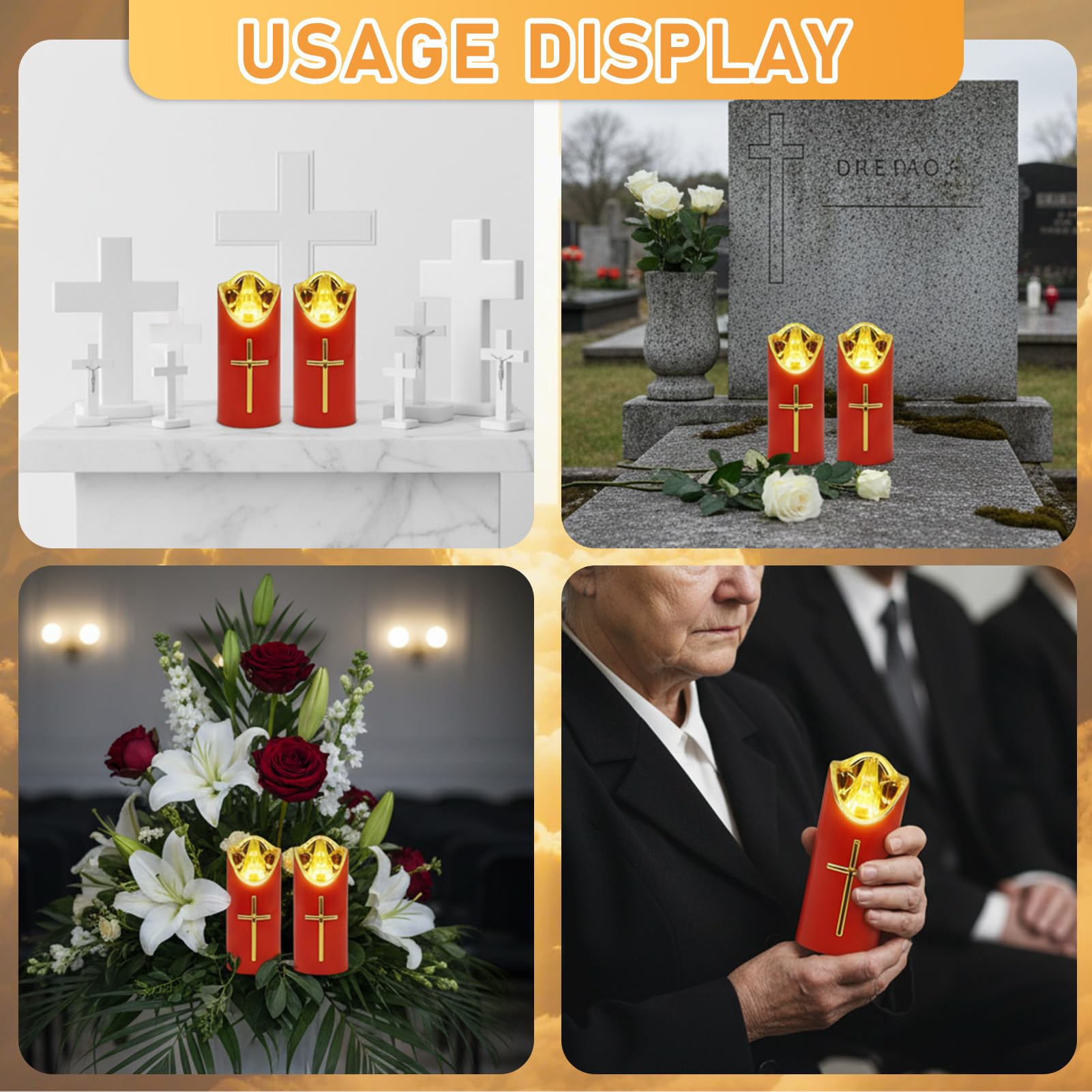 Dongcill Candela Funeraria a LED, Lumino Elettrico a LED, Lumino cimitero, 2 PCS 5X12.5CM, Funzionamento a Batteria, Candele a LED per Cimiteri e Chiese-Rosso