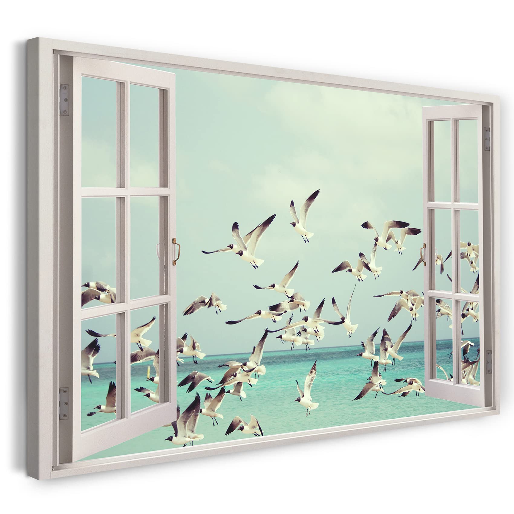 Print on Canvas (80x60 cm) view from the window - seagulls swarm birds sea beach summer sky - nature photography, real wood frame with hook