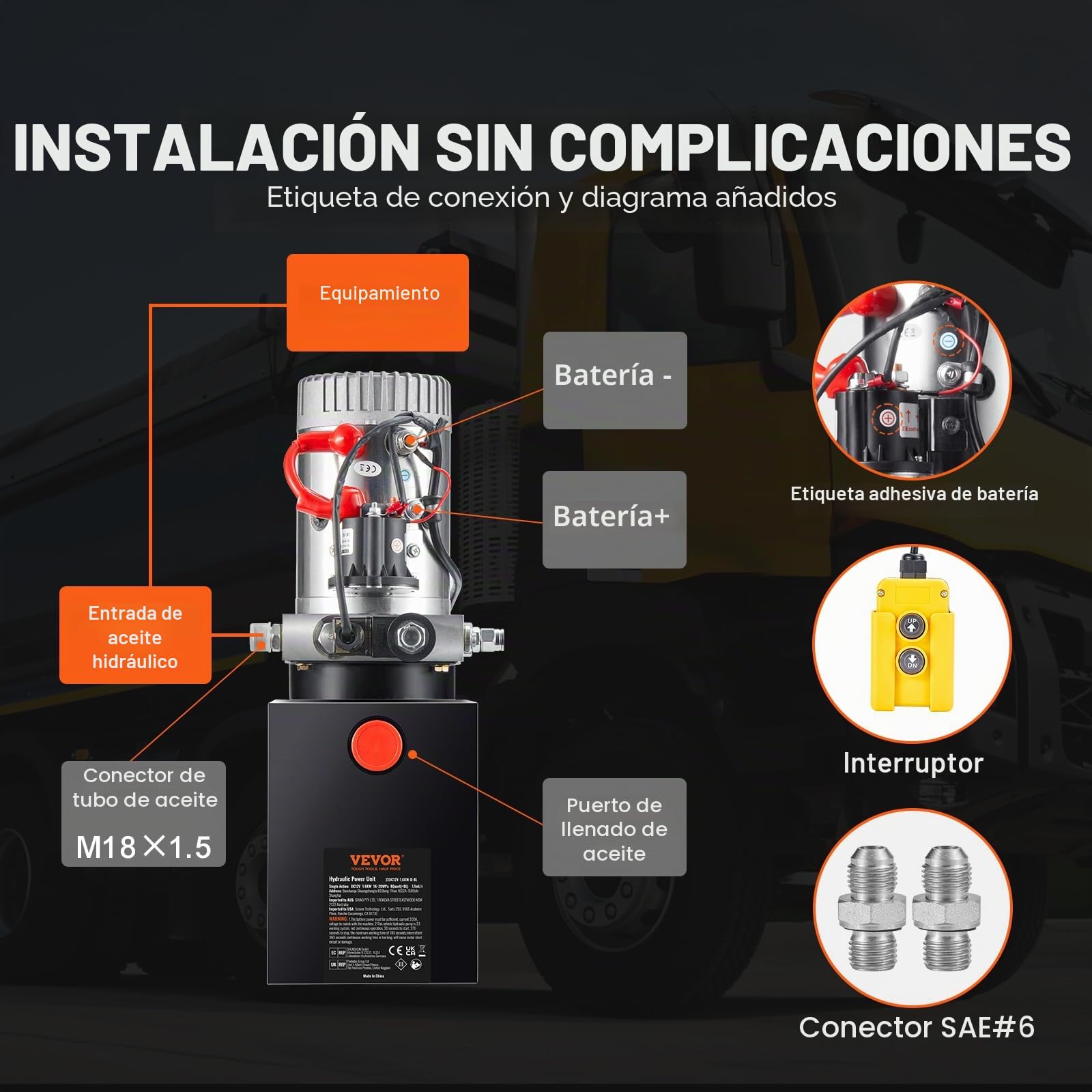VEVOR Bomba Hidráulica DC 12 V 8 L Unidad Hidráulica de Acción Única Flujo de Aceite 3,44 L/min Presión Máxima de Descarga 22 MPa para Volquete, Plataforma Elevadora, Remolque, Elevación y Descarga