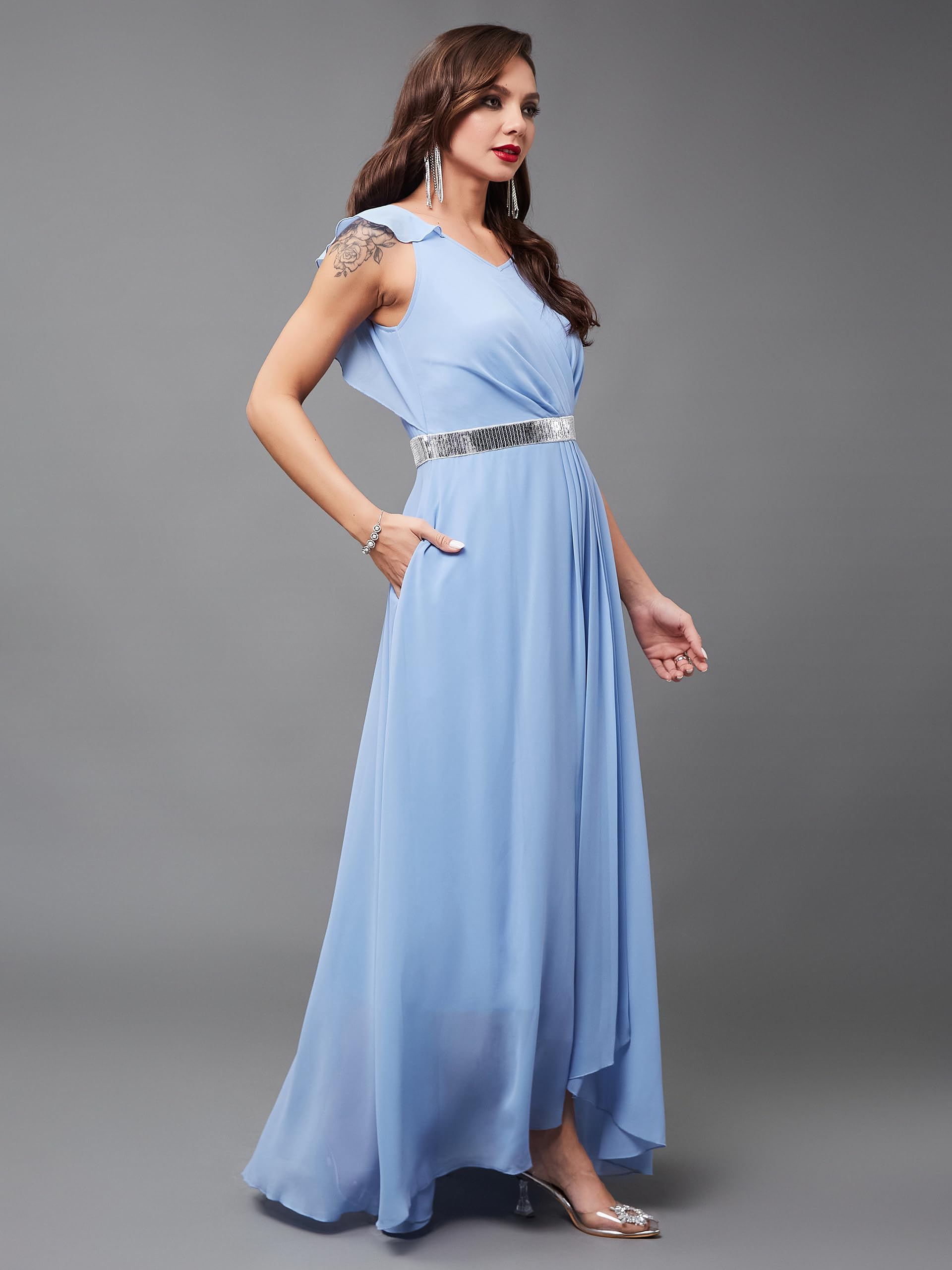 Miss Chase Women's V-Neck Ruffled Sleeve Solid Embellished Maxi Dress With Pockets (Mcss24D97-18-167-03, Powder Blue, S)
