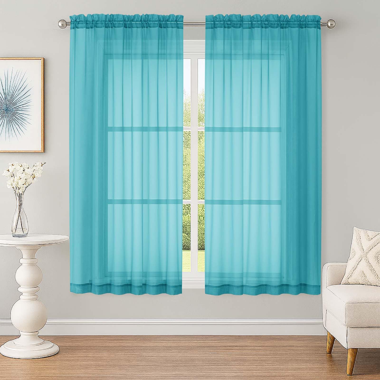 OWENIE Sheer Curtains 63 inch Length 2 Panels Set, Rod Pocket Voile Fimly Sheer Drapes for Living Room/Bedroom, 2pcs, Each 42" W x 63" L，Turquoise