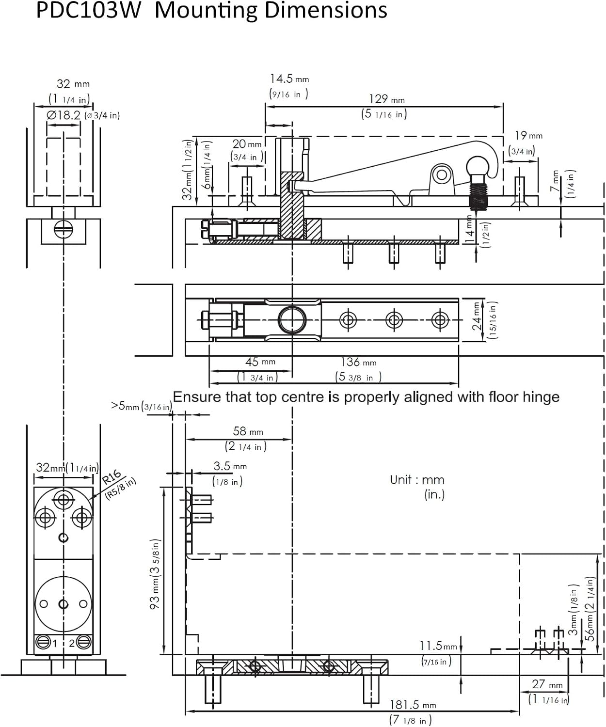 NHN Model: PDC103W SSS - Hydrauliczny samozamykający się ukryty samozamykacz do drzwi drewnianych i stalowych (nietrzymane otwarte/maks. szerokość drzwi 95 cm)
