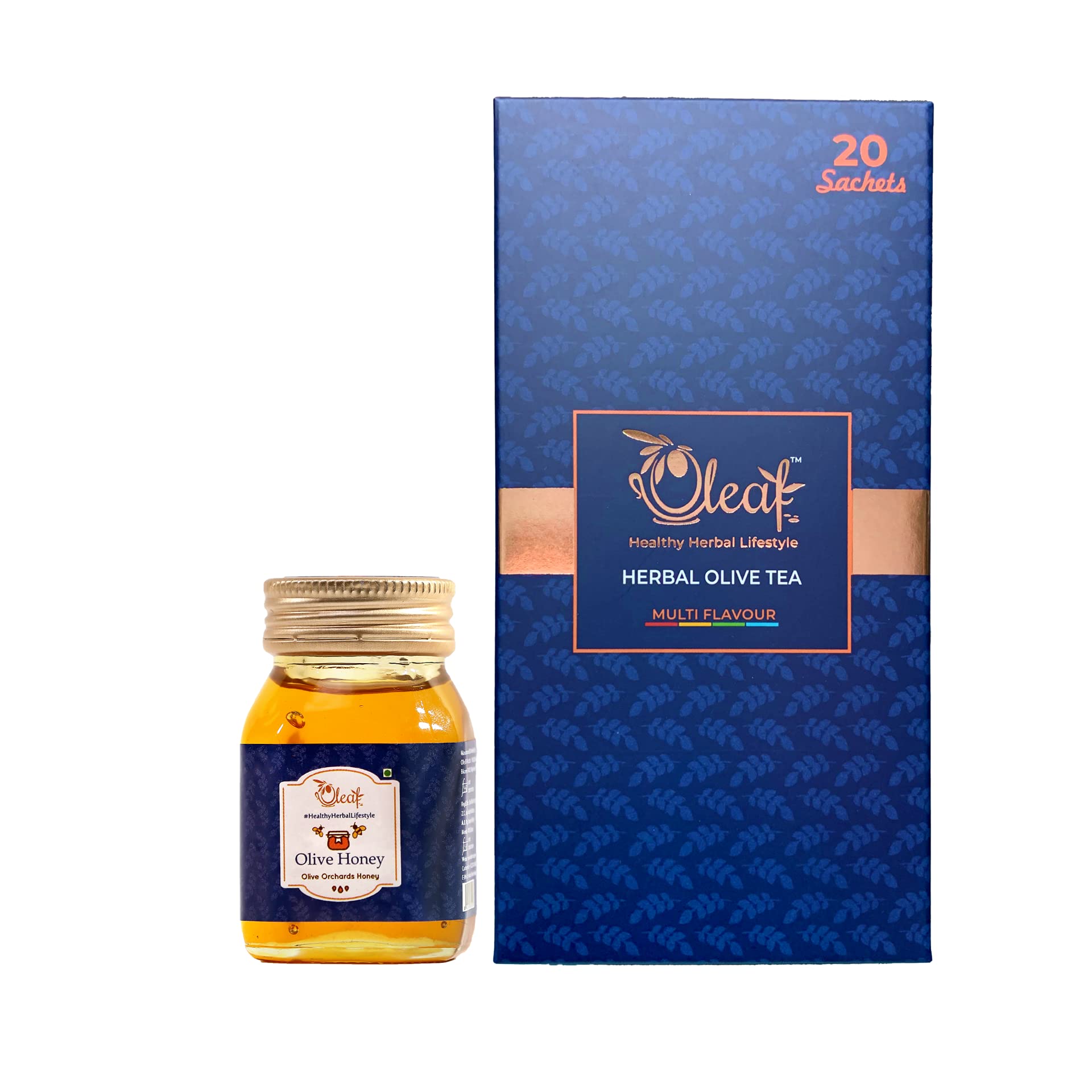 Oleaf Combo of Olive Leaf - Herbal Tea (Multi Flavour x 20 Tea Bags) and Olive Honey (100 GMS) | Herbal Tea for Immunity