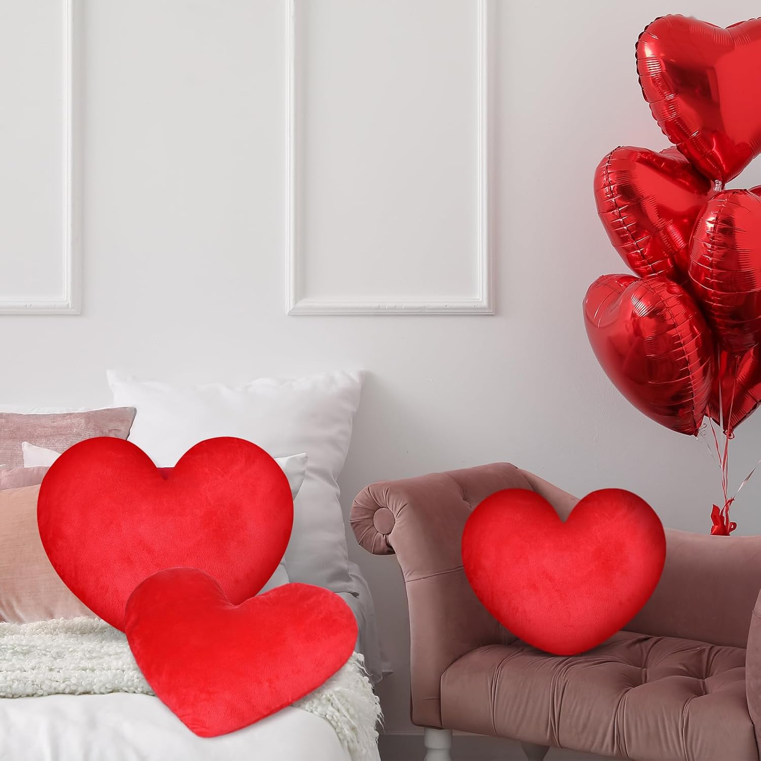 Suzile 4 Pcs Valentine's Day Heart Throw Pillows Red Heart Shape Plush Love Pillow Soft Decorative Back Cushion Valentine Decorative Pillows for Women Wedding Gift Bed Sofa Chair Home Decor