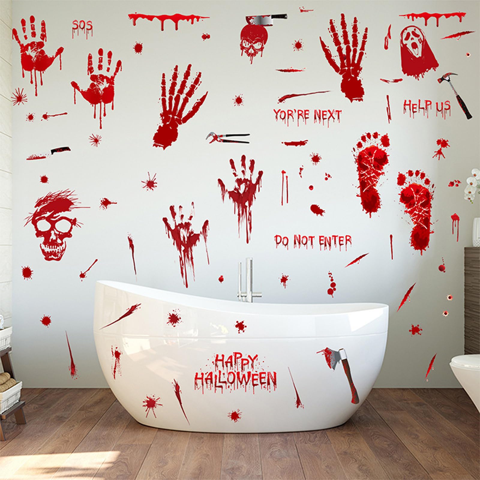 Qylazune Red 95Pcs Halloween Scary Decorations Window Stickers,Bloody Handprint Ghost