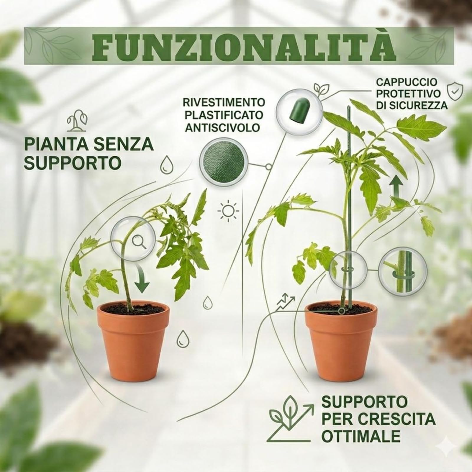 25PZ Cannette in Metallo Plasticato ø16 mm h. mt 2,10 Tutore in Metallo Rivestito in Plastica, Canne Reggi Piante a Superficie Zigrinata Idelae per Orti, Serre, Vivai, Giardini Ancoraggio