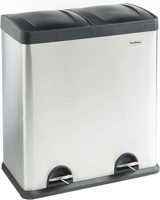 VonHaus 60L Waste & Recycling Kitchen Bin, Stainless Steel 2 Compartment Pedal Bin with Non Slip Base, Removable Inner Buckets & Stickers (2 x 30L)