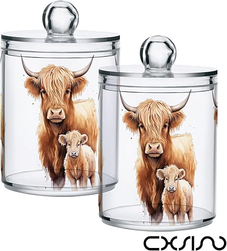 Miniatura 2 de Paquete de 4 dispensadores de soporte Qtip con tapas, contenedores de almacenamiento de plástico de vaca Highland, organizador de recipientes de