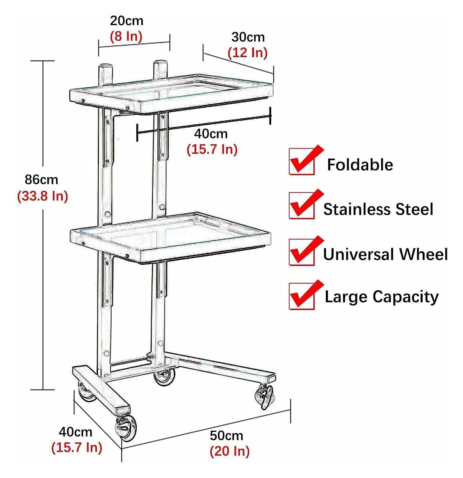 Organizador de Carro utilitario de Acero Inoxidable: Carro portátil de 2 estantes for Uso en salón, Medicina y Tatuajes con 4 Ruedas(Black)