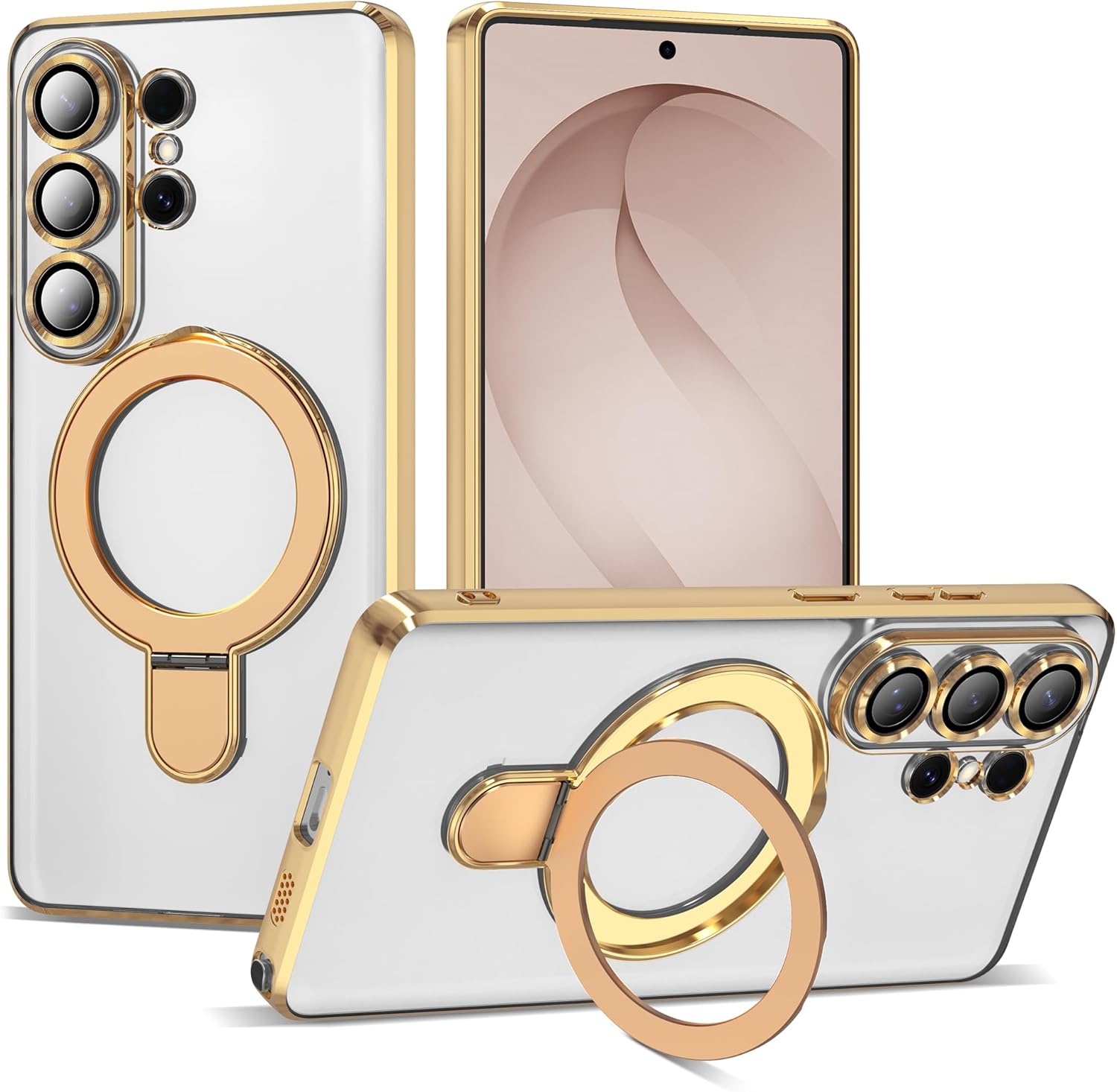 Compatible with Samsung Galaxy S26 Ultra Case with Magnetic Ring Stand [Compatible with Mag-Safe] [Full Camera Lens Protector] Plating Clear Phone Case for S26 Ultra 6.9", Gold