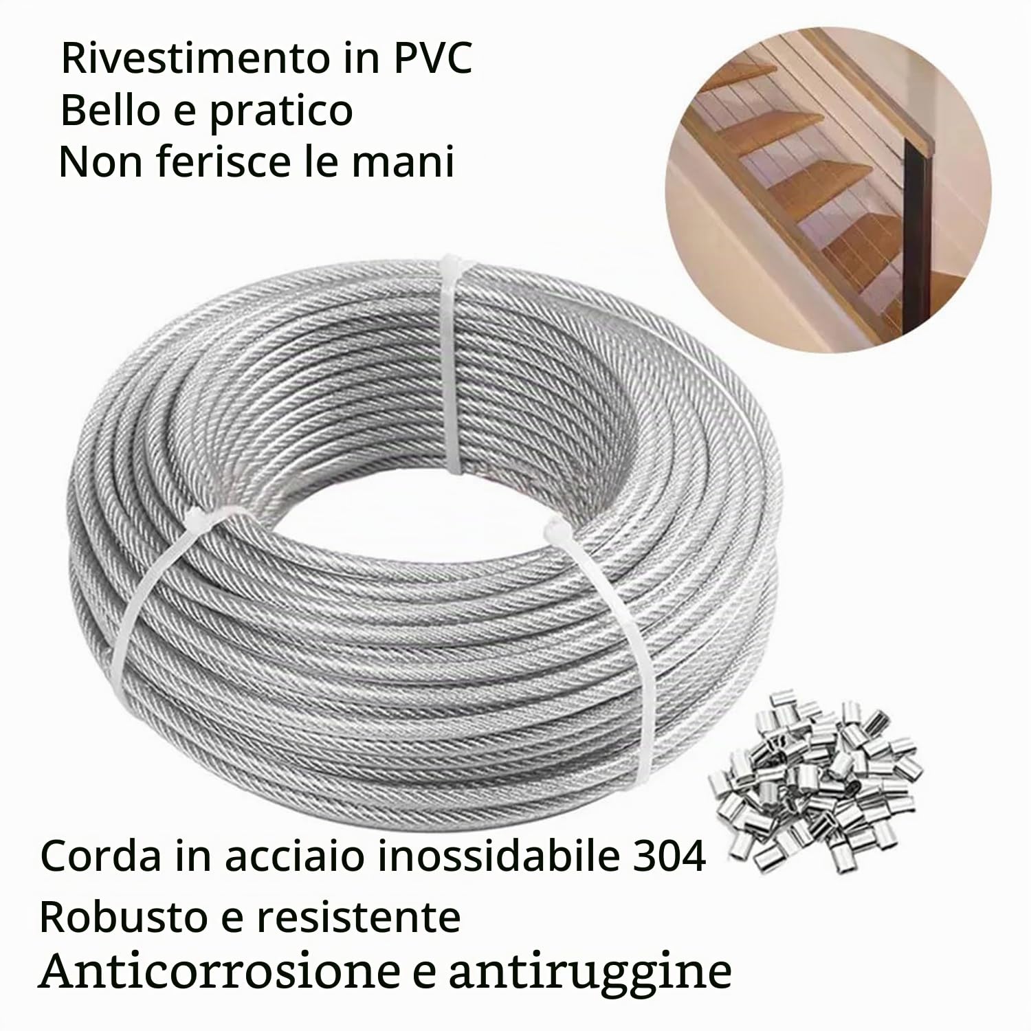 100m Filo Per Stendere Il Bucato Da Esterno 3mm,Cavo Acciaio,Garden Wire/Cable Railing Kit,Adatto Per Filo Di Tensione Per Recinzioni,Fune Metallica Per Lampade Da Esterno,Fune Per Tende
