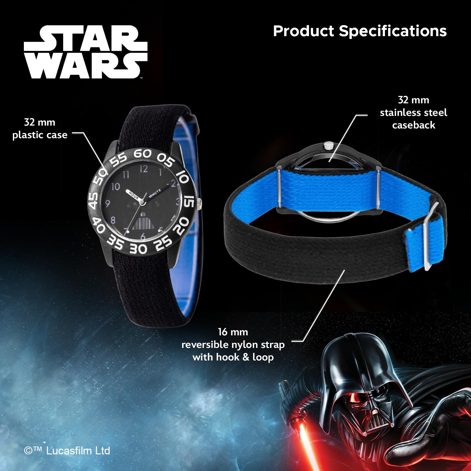STAR WARS Reloj analógico de Cuarzo con Correa de Nailon para niños