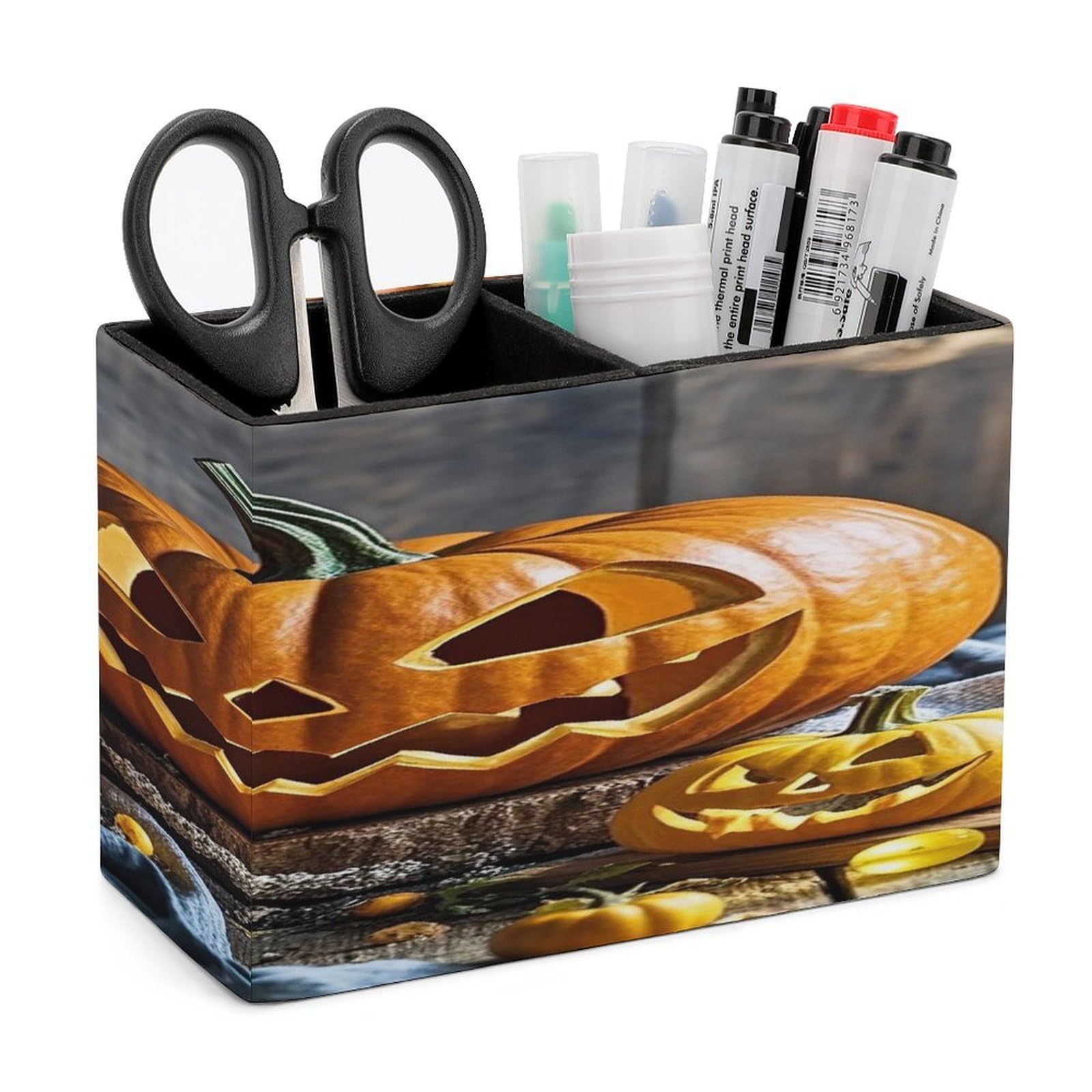 LZQPOEAS Halloween Pumpkin Leather Pen Holder with 2 Compartments Luxury Pencil Holder Minimalist Pencil Cup Brush Scissor Holders Elegant Pen Cup for Office Home Desk Accessories