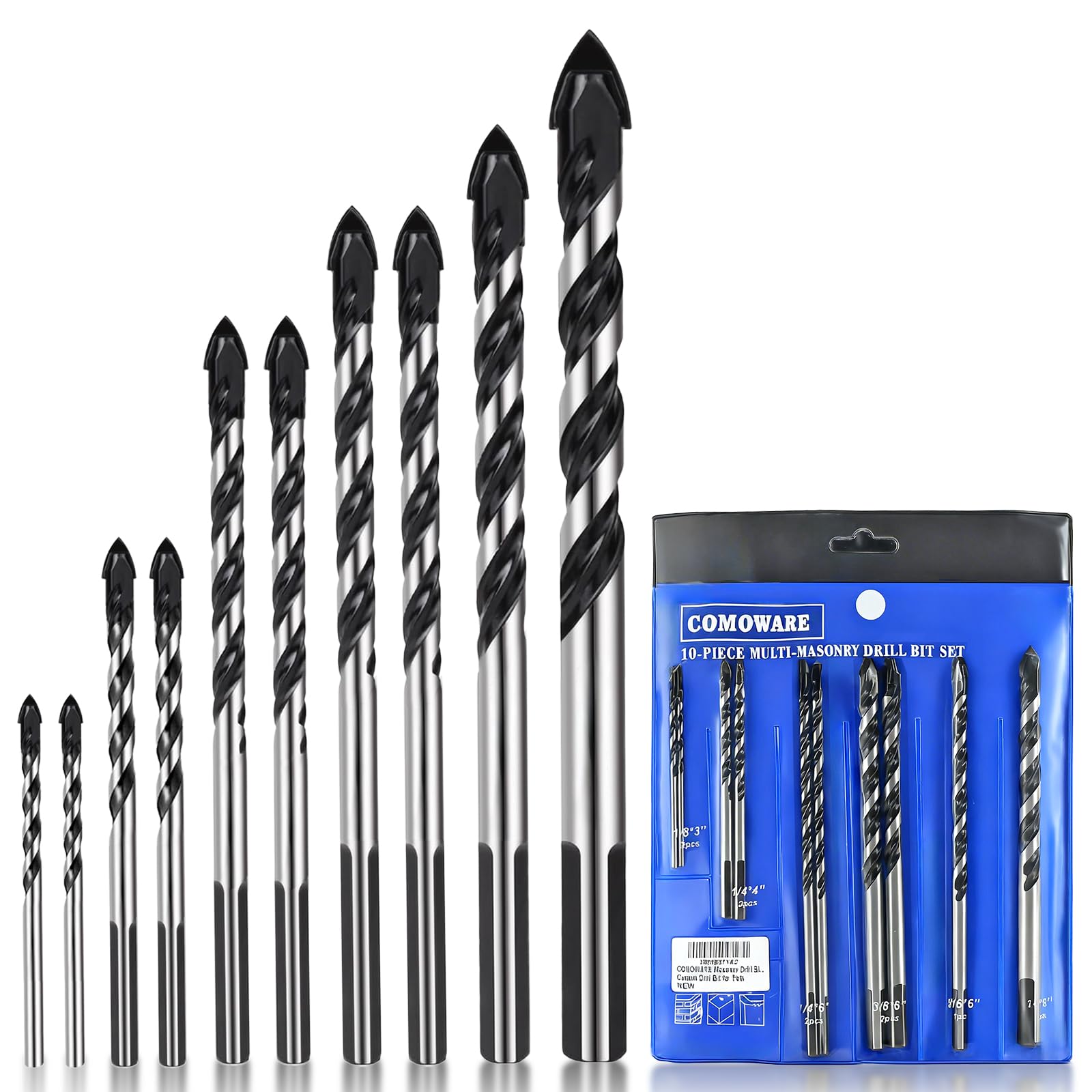 Masonry Drill Bits - 10 Pcs, 1/8" to 1/2" -1