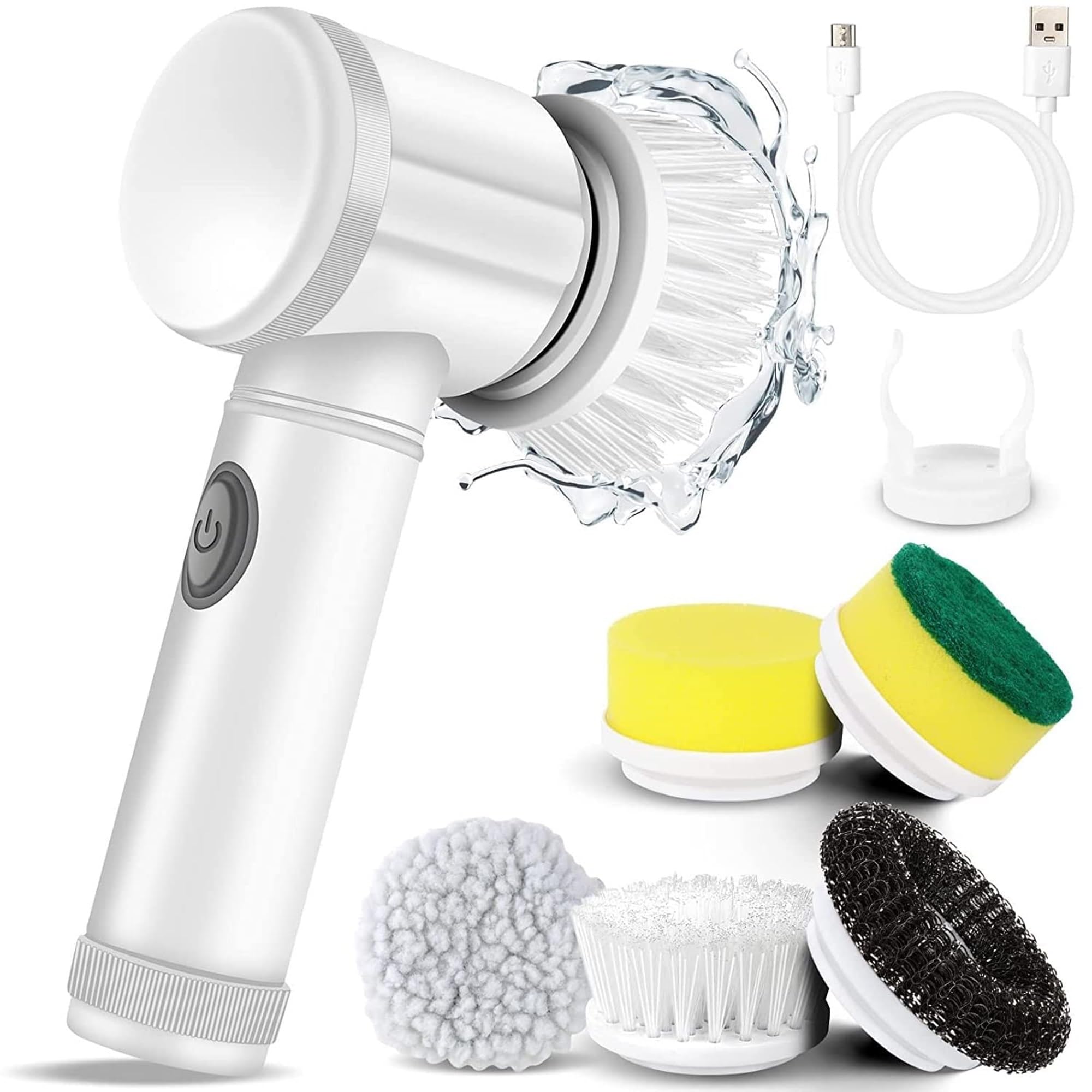 AUGEN Multi-Functional Electric Cleaning Brush 5 in 1 Magic Power Scrubber Household Cleaning Tools Spin Scrubber with 5 Brush Heads, Buffer Polisher, for Bathroom, Shower, Tub, Kitchen Floor