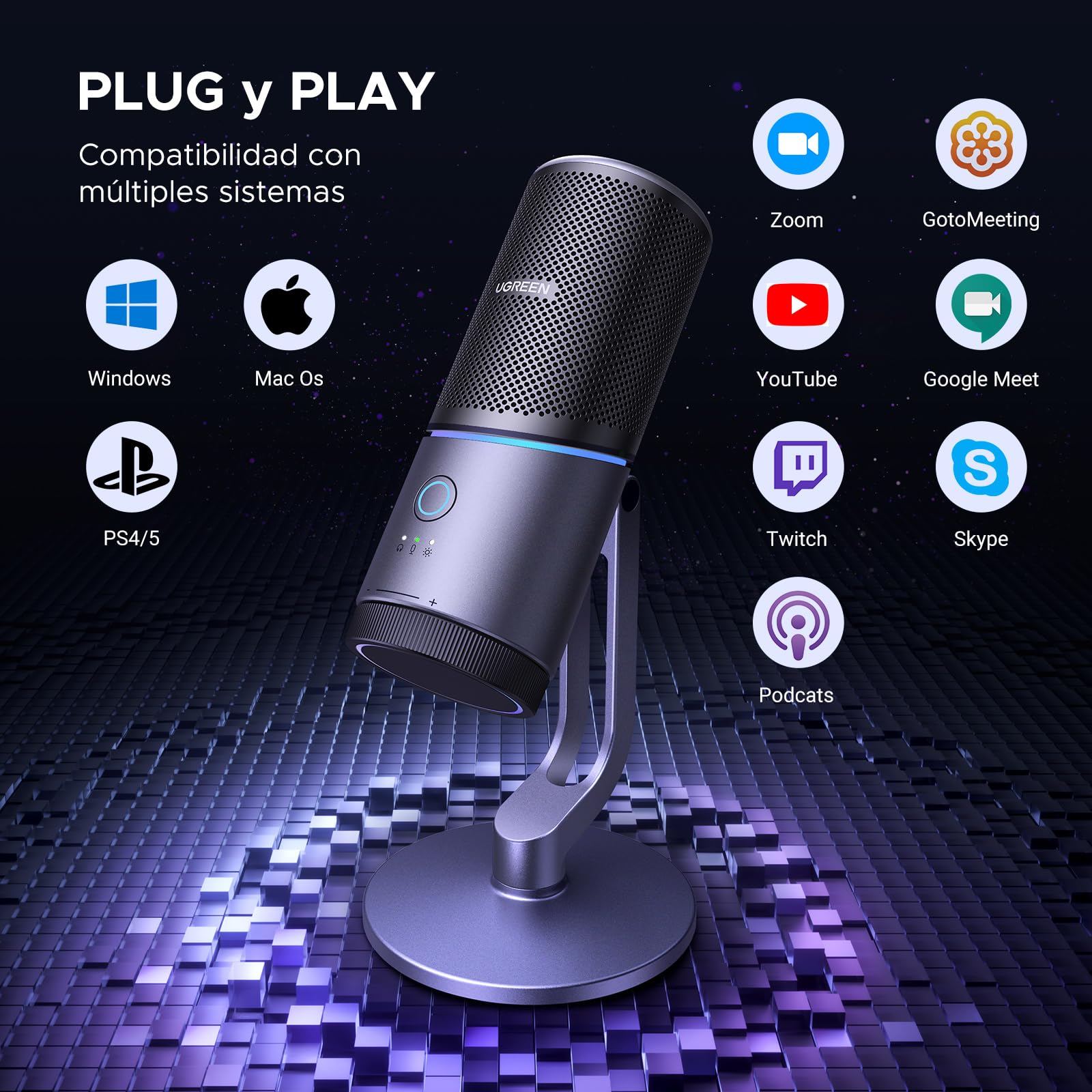 UGREEN Micrófono de Condensador USB para PC 24bit/96kHz | Botón de Silencio para Streaming Podcasts YouTube Discord Juegos Portátil PS5