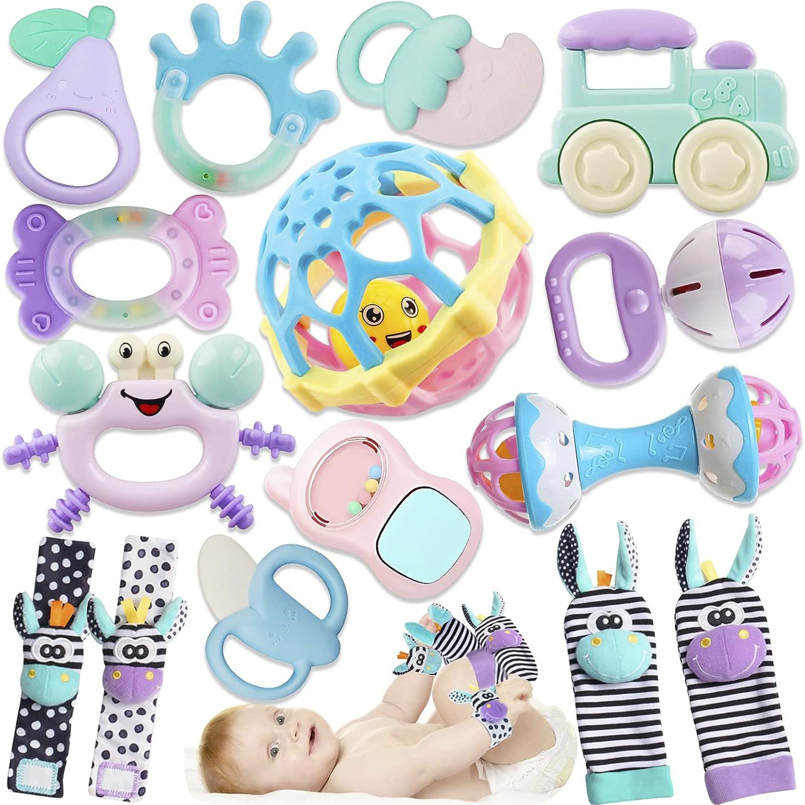 15 Piezas Juguetes para Bebé, Sonajas para Bebe, Mordedera para Bebe, Sonajero Calcetines y Muñequeras, Estimulacion Temprana para Bebés de 0-12 Meses, Regalos para bebe (macarrones)