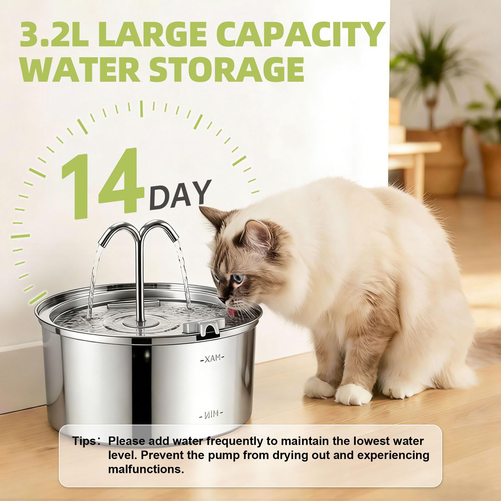 Fontanella per Gatti Acciaio Inox, 3.2L Fontana per Gatti, Silenziosa Automatico Fontanelle, Fontanella Acqua Gatto con 1 Filtro e 1 Spugna per cani