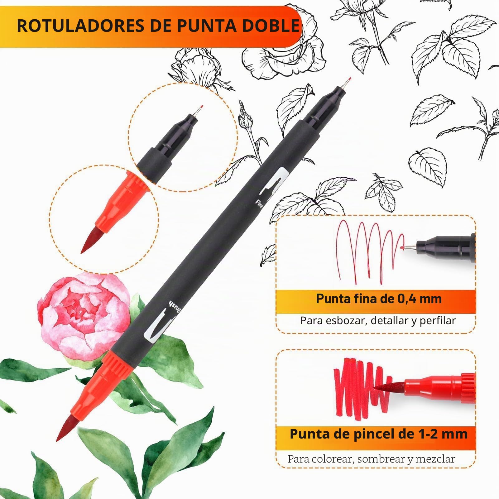 Rotuladores de Pintura Acrílica, Juego de Pinceles de Acuarela, Rotuladores de Doble Punta con Punta Fina, Marcador Artístico, Punta Suave y Flexible, Rotuladores de Pintura
