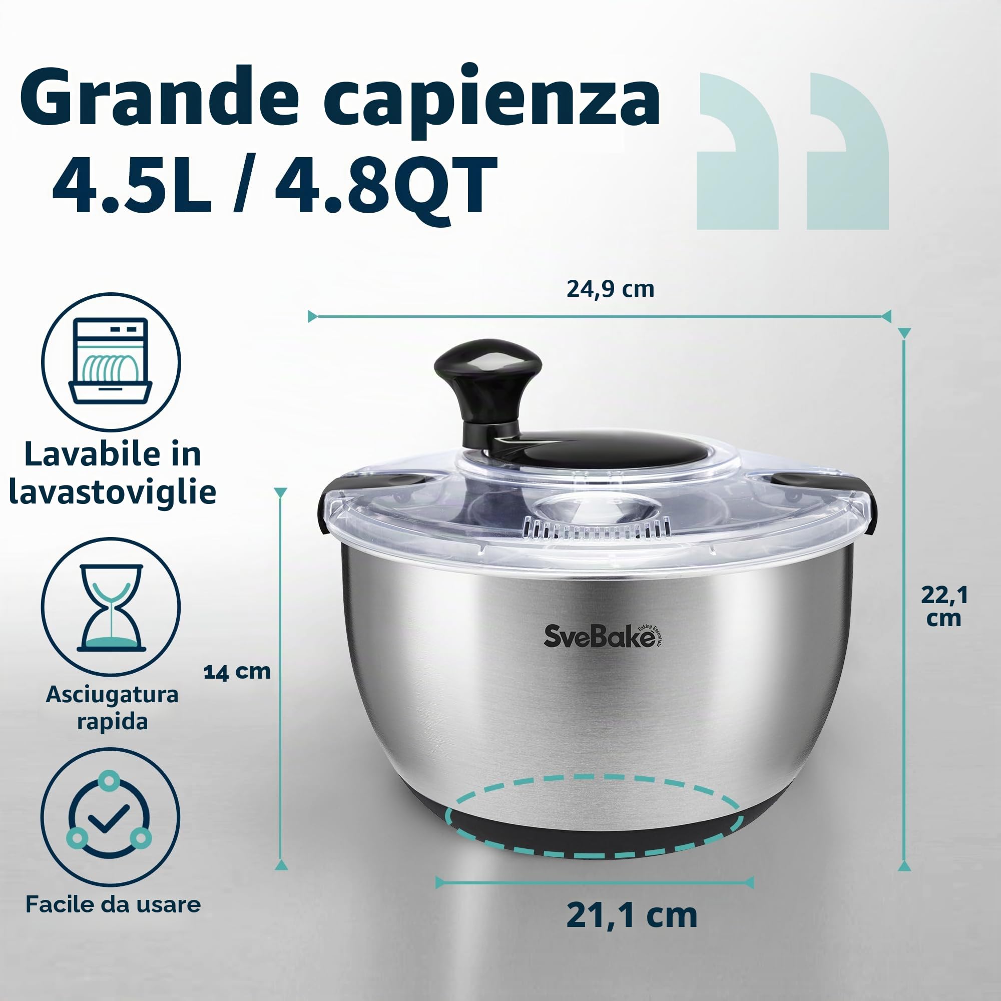 SveBake centrifuga insalata in acciaio inox 18/10 con manovella e ciotola da 4,5 litri, asciuga insalata centrifuga, lavabile in lavastoviglie
