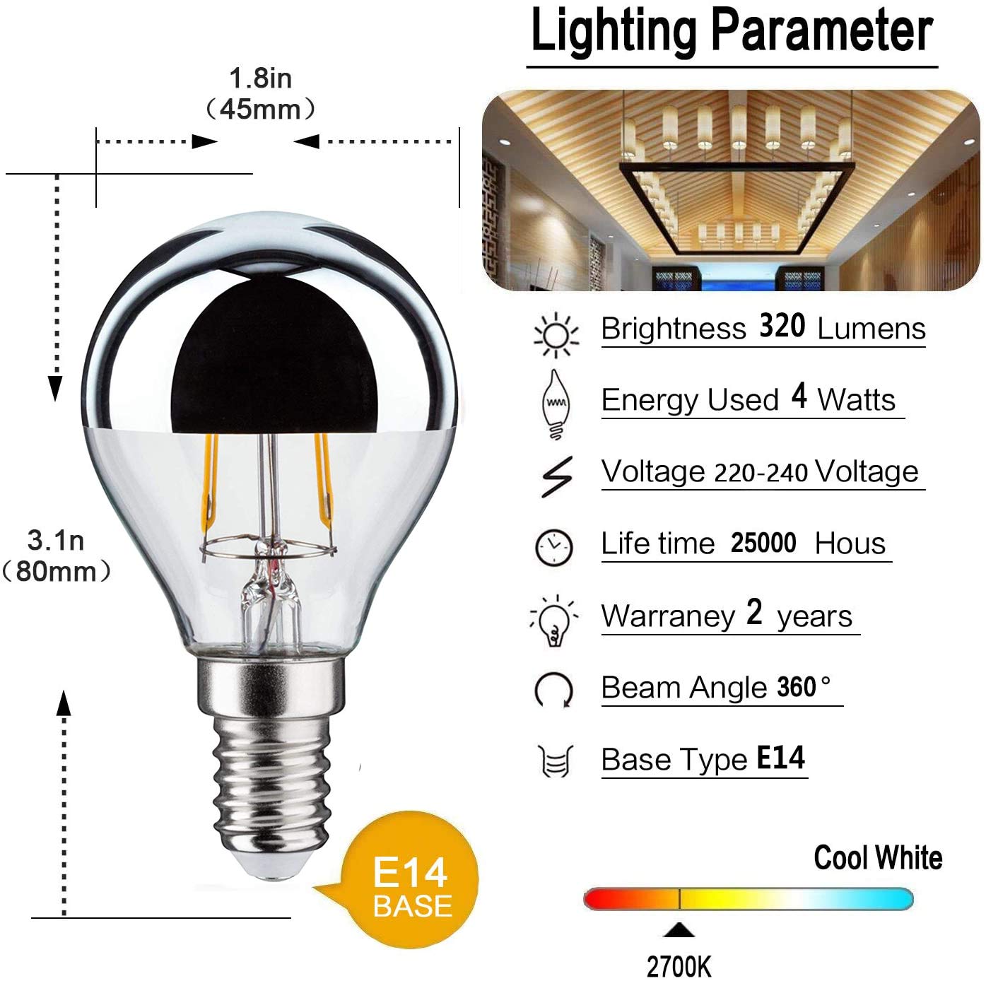 Funey G45 żarówka do lustra z głową srebrna żarówka LED gwint E14 żarówka Edisona zastępuje 35 W, 4 W, 320 lumenów, 2700 K ciepła biel, filament LED, lampa nitkowa, z funkcją ściemniania, 220 V, srebrna (8 szt.)
