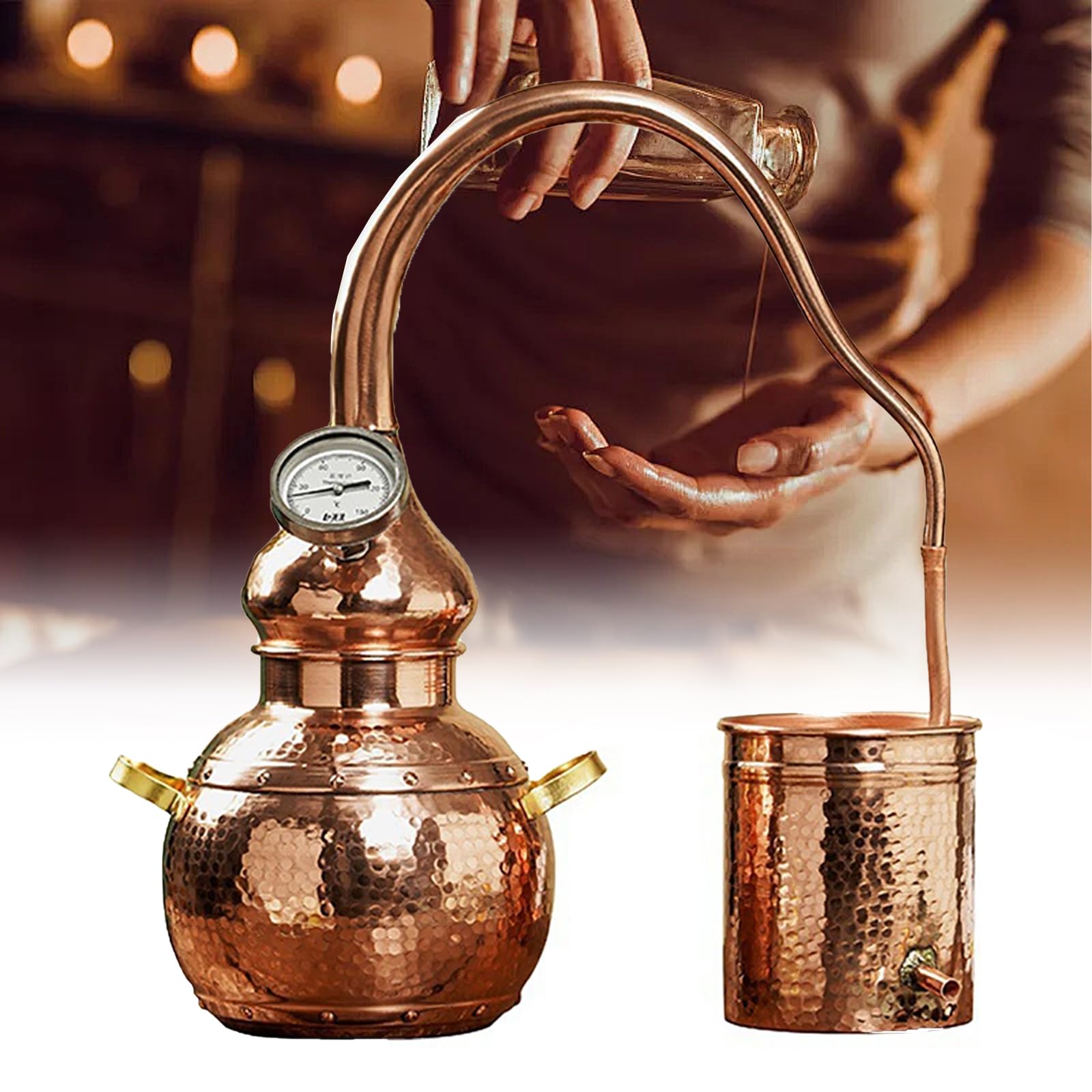 Kit de alambique de cobre puro, cobre Moonshine Still, destilador de hogar de 3 litros con termómetro, parte inferior de estufa de inducción, hermosa artesanía, métodos de calefacción de tubo de
