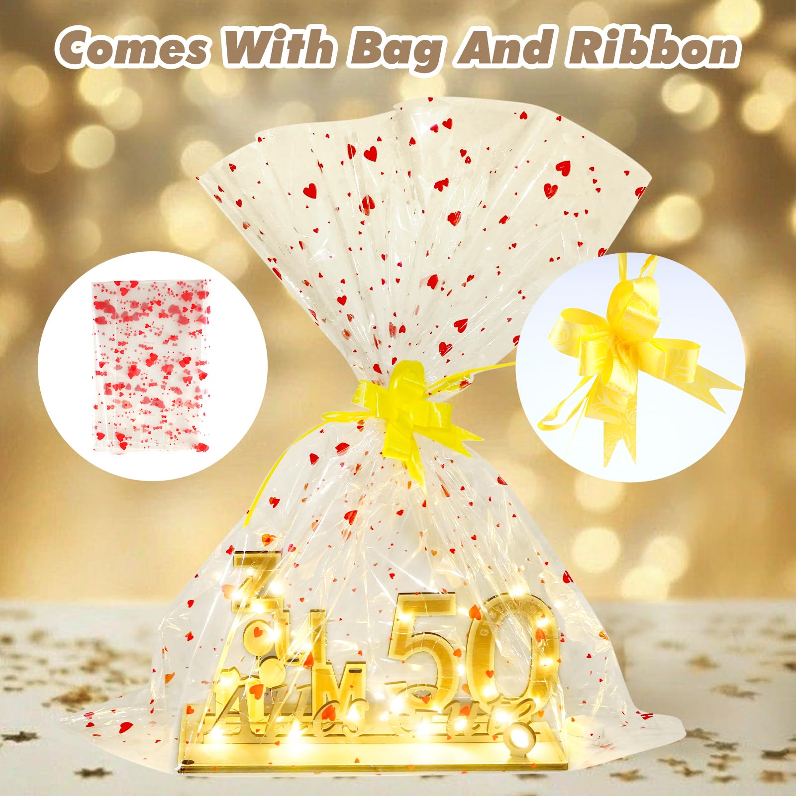 YSWOVUO Regalo di 50° Compleanno Uomo Donna, Libro Degli Ospiti in Legno per Uomo e Donna, Regali d'Argento in Legno con Catena Luminosa LED, Alles Gute
