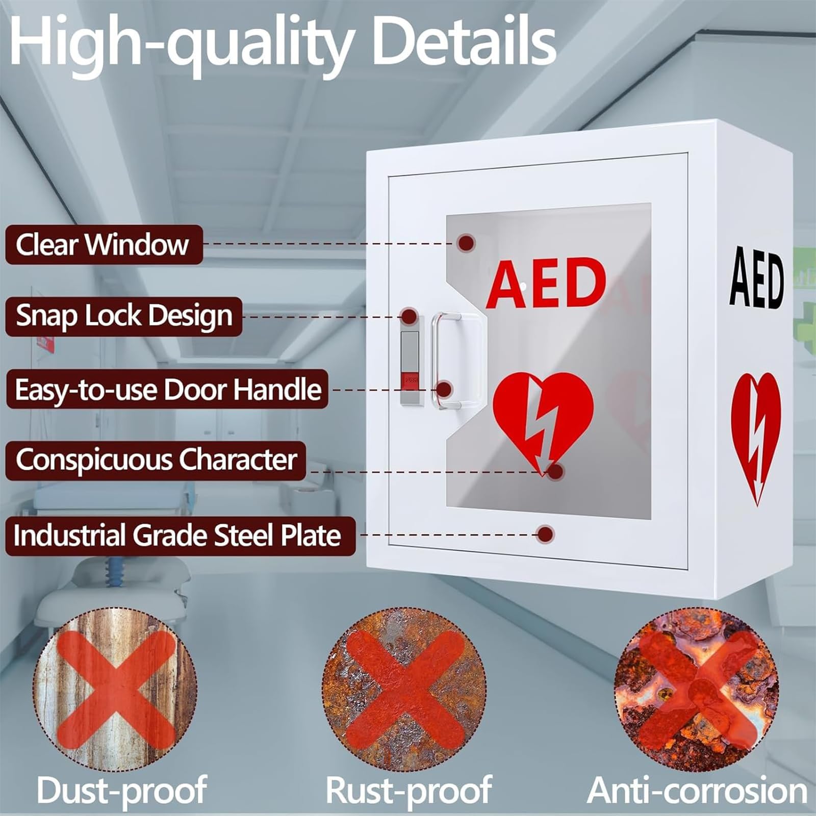 AED-Defibrillator-Schrank, AED-Defibrillator-Aufbewahrungsbox, Wandmontierter Herzdefibrillatorschrank, mit Schloss, einfach zu bedienen