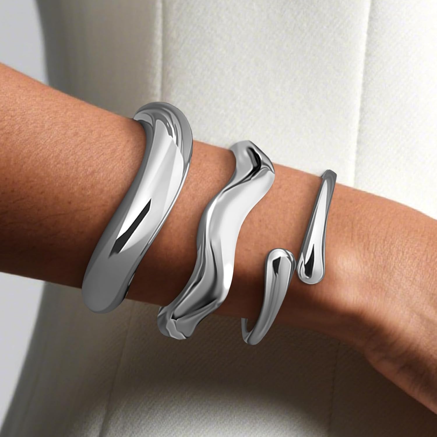 Chunky Gold Bangle Bracelets for Women Trendy Hinged Cuff Bracelet Set Waterproof Non Tarnish Stack Statement Wide Wrist Bracelet Irregular Minimalist Twisted Cuff Jewelry for Women Gifts - Image 3