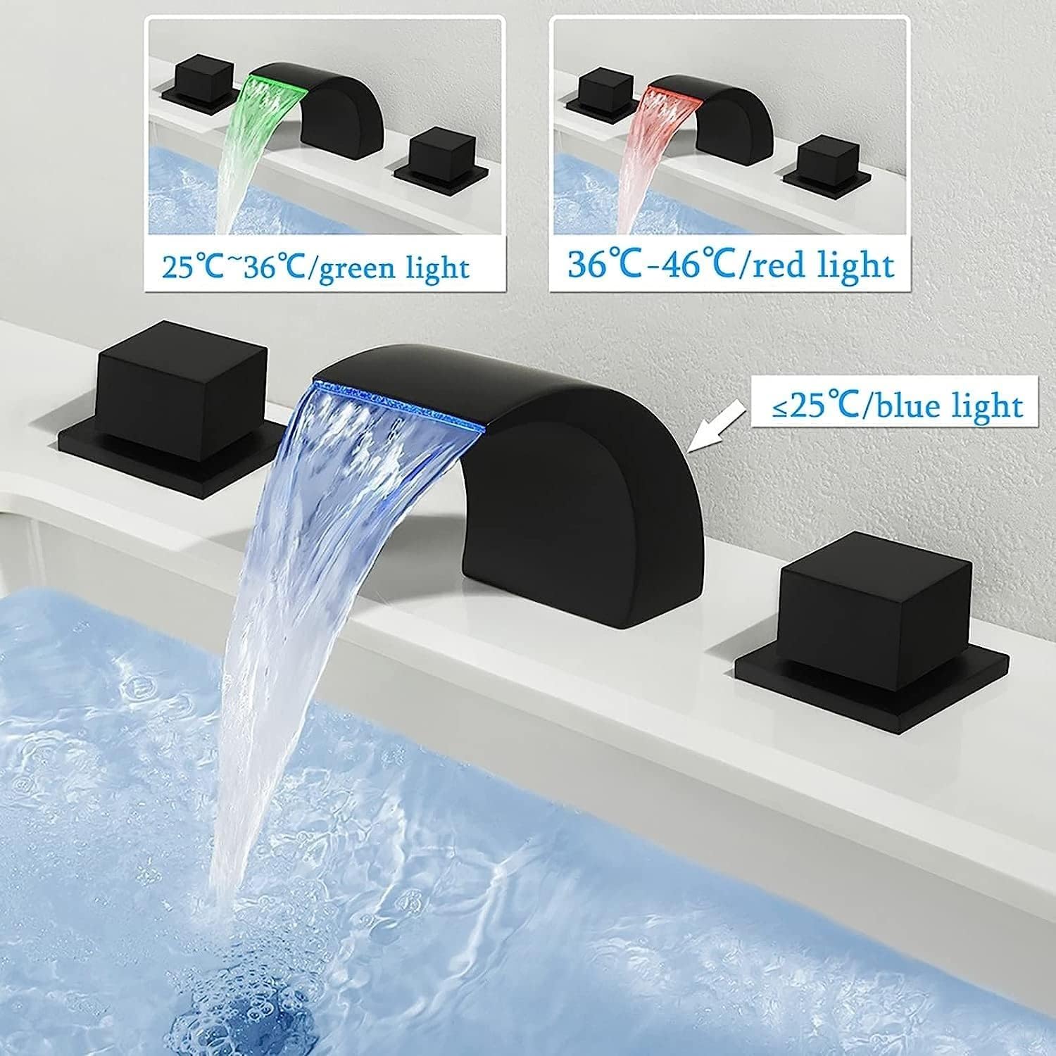 Grifo Mezclador Cascada LED Para Lavabo – 2 Manijas Y 3 Piezas – Acabado Cromado Moderno Para Baño