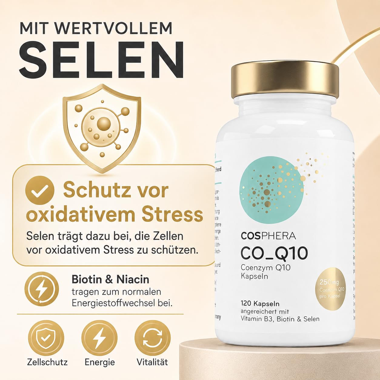 Coenzym Q10 - Hochdosiert mit 250 mg pro Kapsel. 120 vegane Kapseln im 4 Monatsvorrat - Angereichert mit Biotin & Niacin als Beitrag zum Erhalt normaler Haut & für einen normalen Energiestoffwechsel.