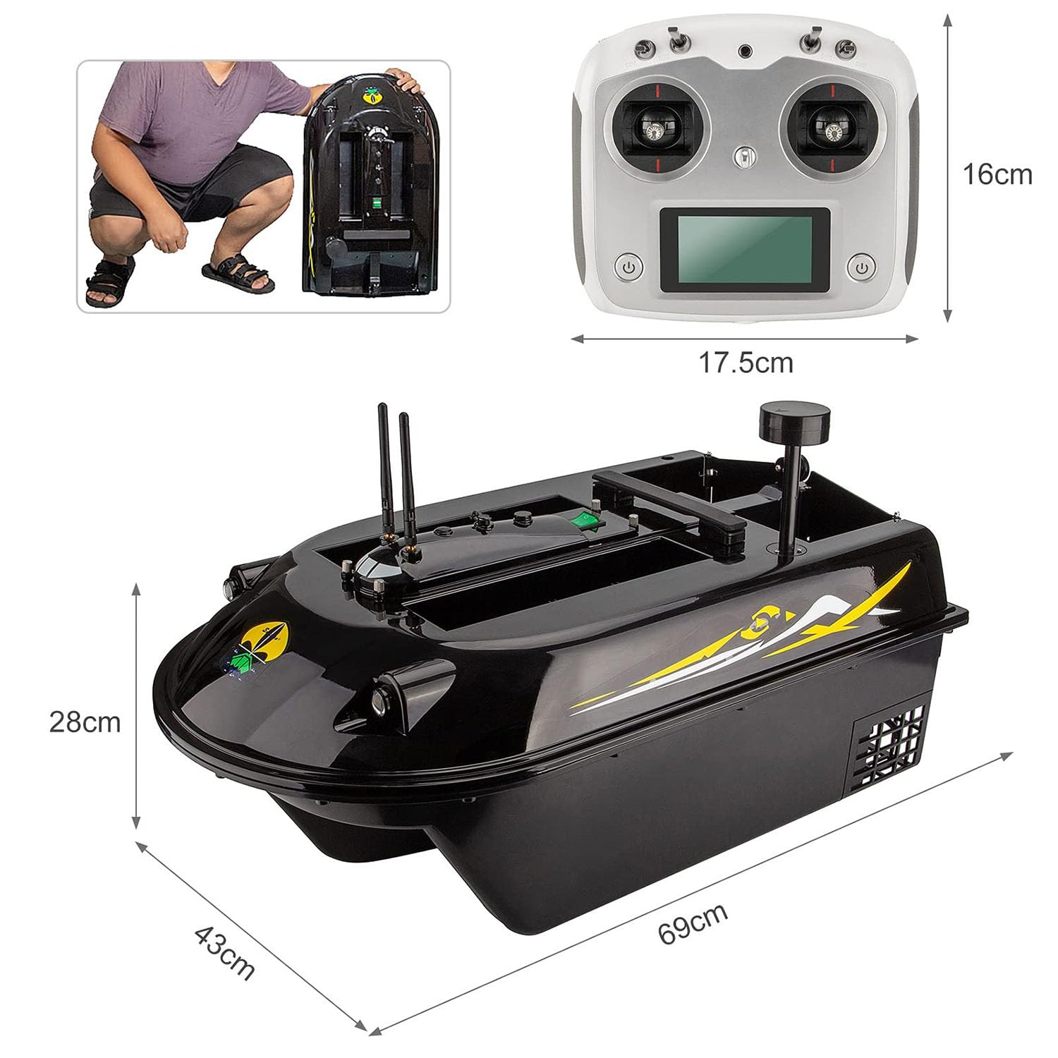 Ecoscandaglio sonar per barca da pesca RC 2 in 1 GPS, barca da pesca in mare da 600 m con 4 contenitori per esche, carico massimo 8 kg, barca con esca con crociera automatica e luce a LED, per gli