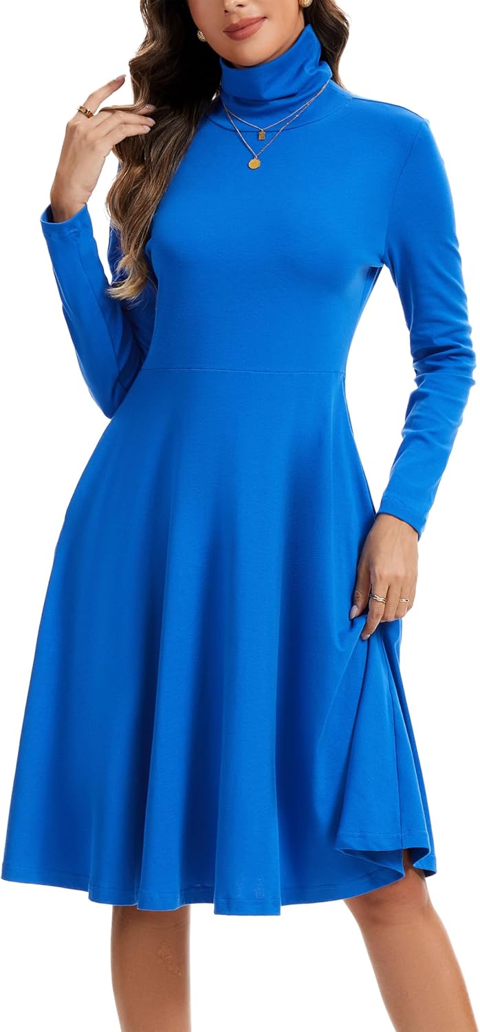 Kormei Women's Long Sleeve Turtleneck Casual Ribbed Knit Loose Tunic Fall Dress A Line Flare Dresses - Image 2