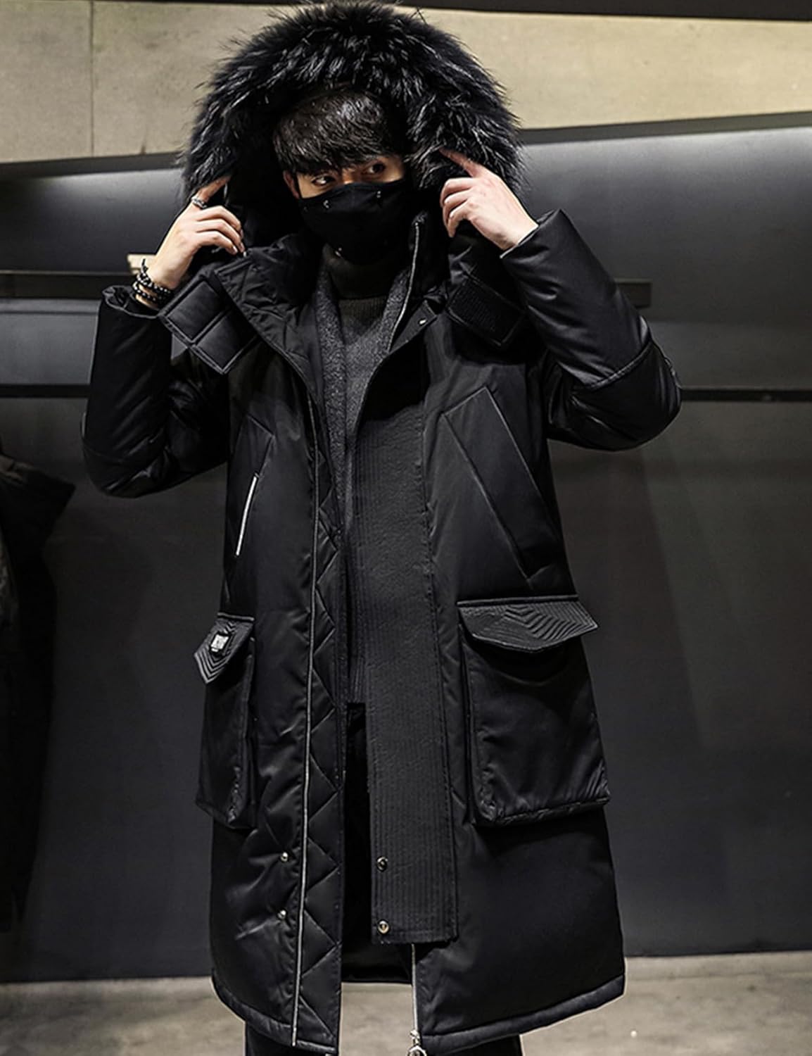 COZYPOIN Mens Long Puffer Jacket Winter Coat with Hood Waterproof Windproof Padded Down Parka(Black-S)